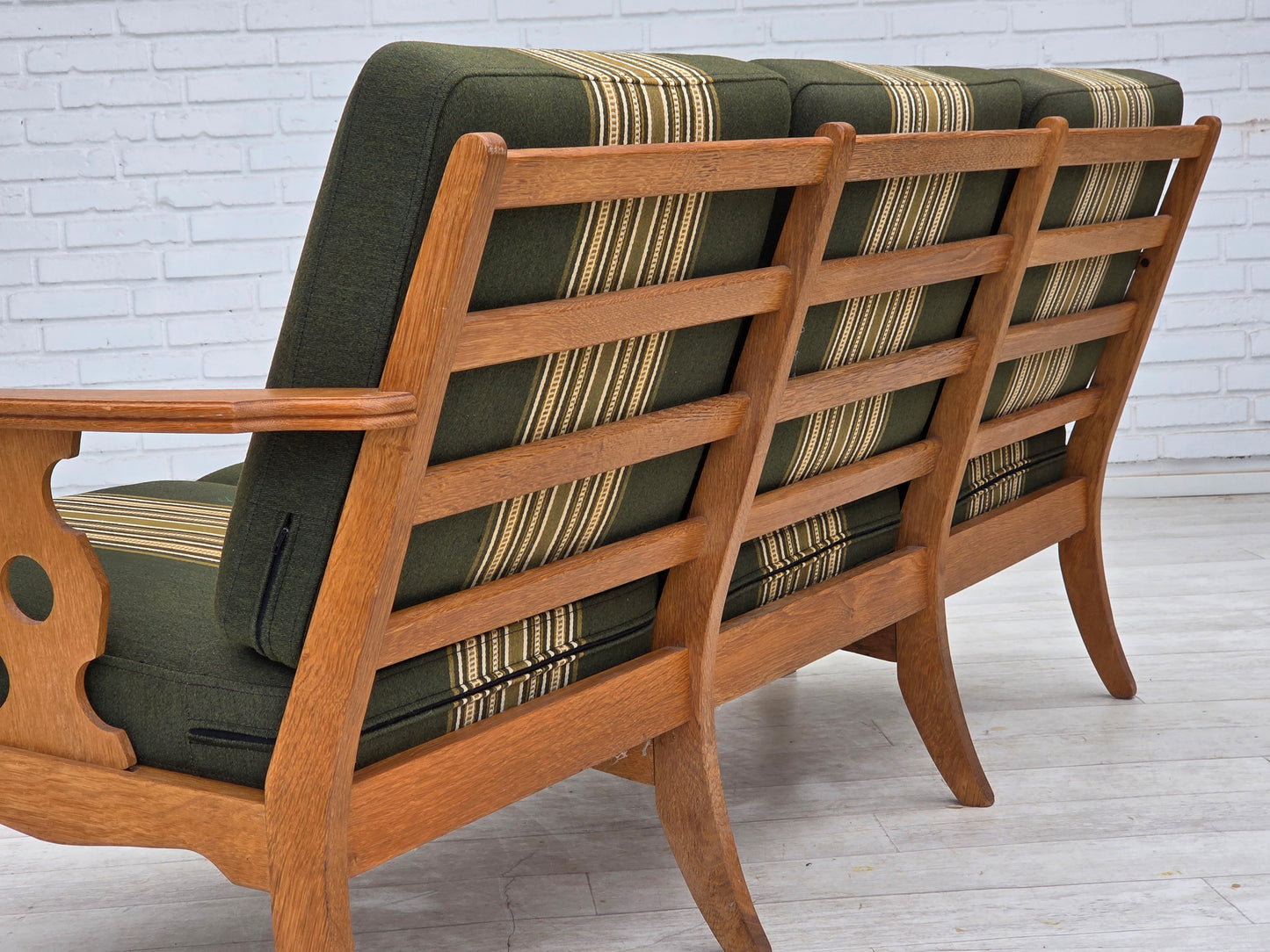 1970s, Danish 3-seater sofa, green furniture wool, solid oak wood.