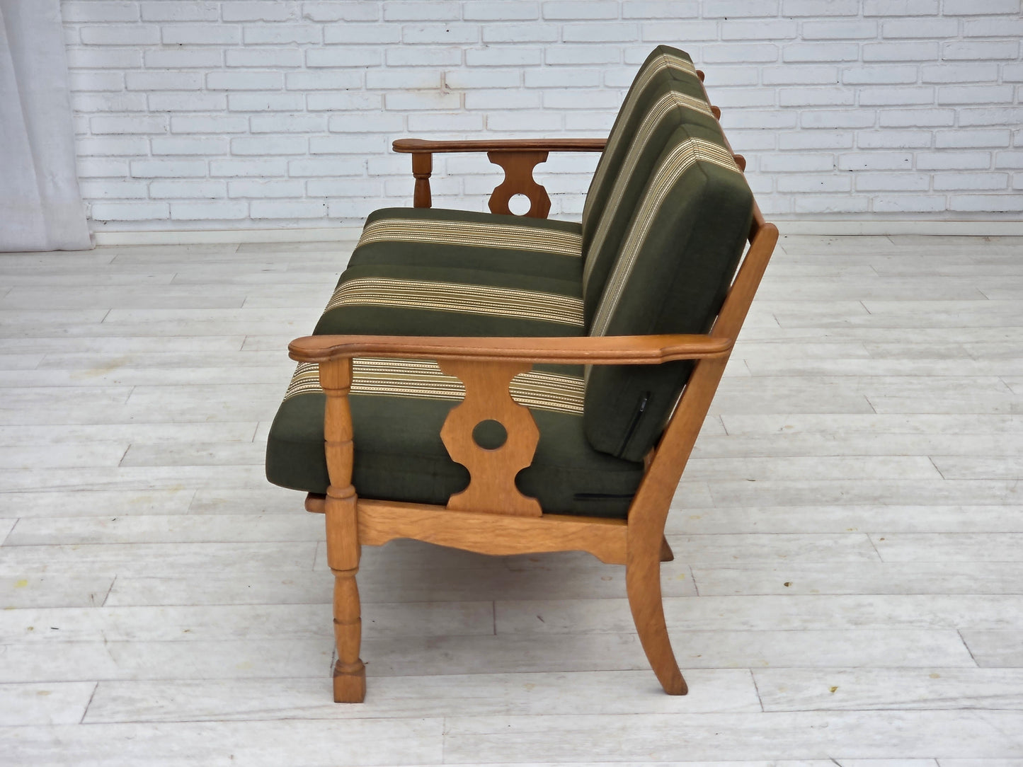 1970s, Danish 3-seater sofa, green furniture wool, solid oak wood.