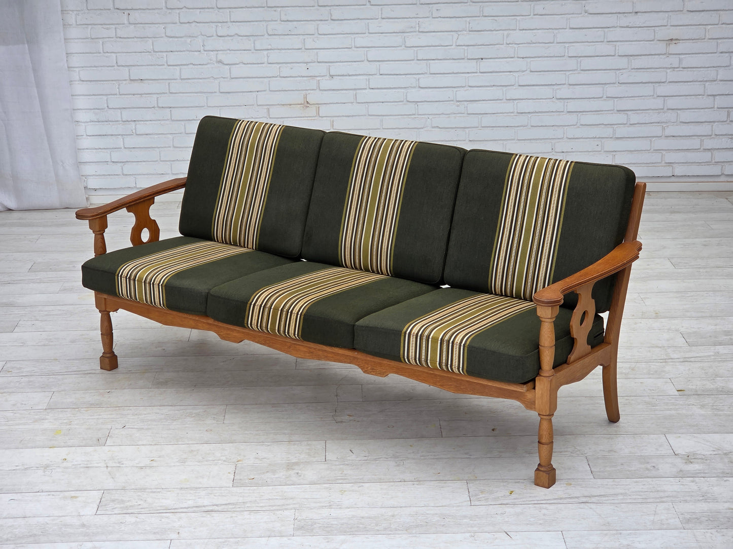 1970s, Danish 3-seater sofa, green furniture wool, solid oak wood.