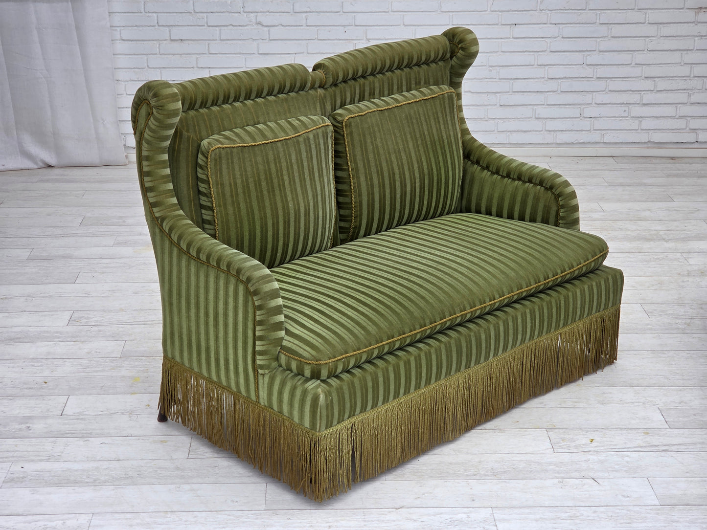 1950s, Danish 2-seater sofa, green furniture velour, beech wood.