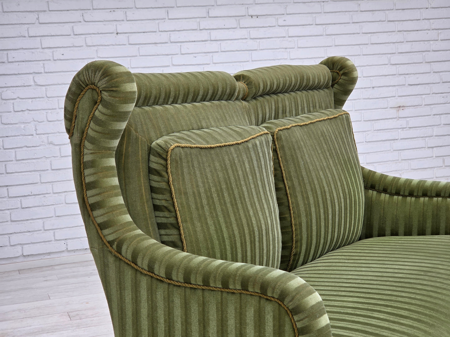 1950s, Danish 2-seater sofa, green furniture velour, beech wood.