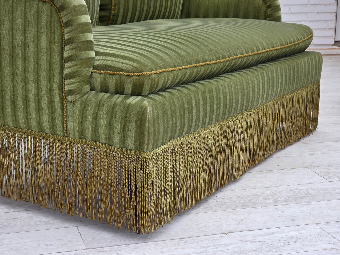 1950s, Danish 2-seater sofa, green furniture velour, beech wood.