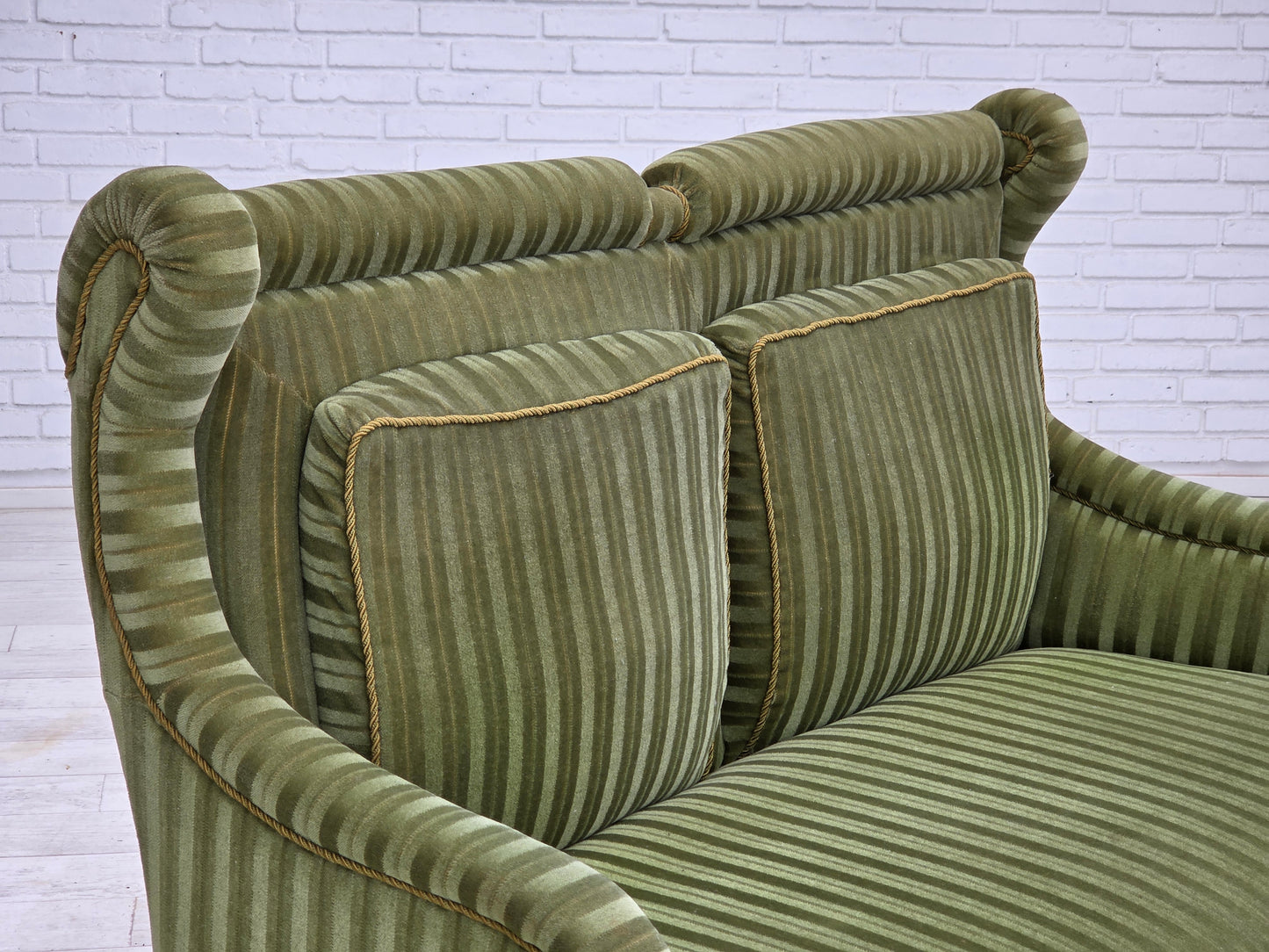 1950s, Danish 2-seater sofa, green furniture velour, beech wood.