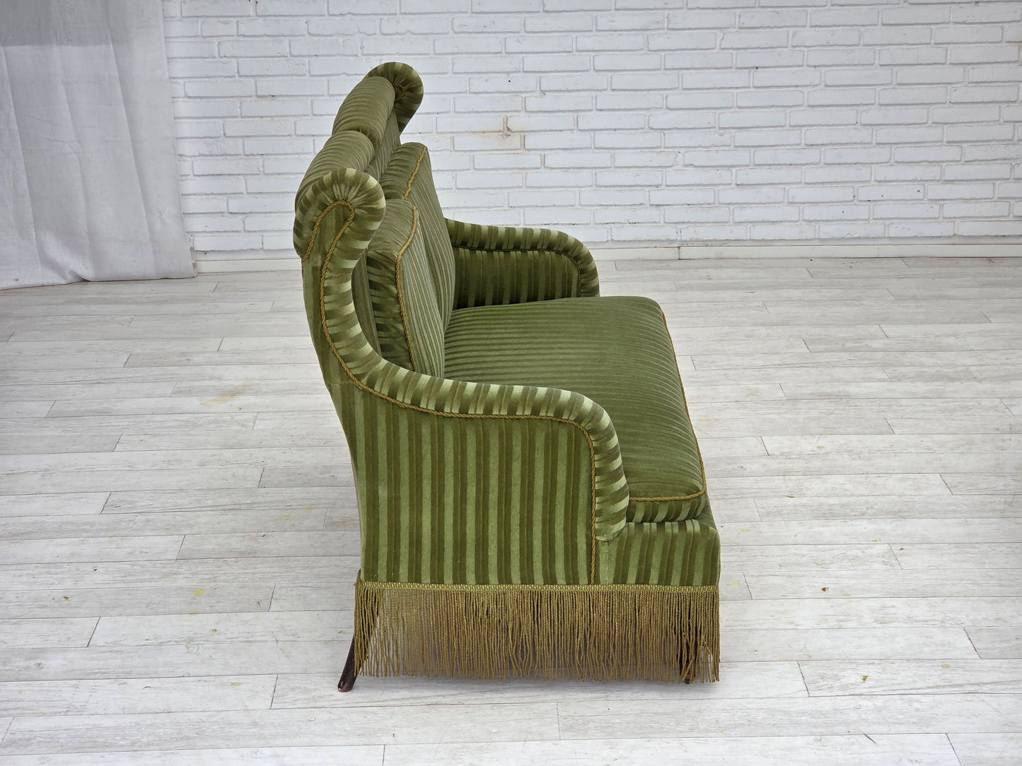 1950s, Danish 2-seater sofa, green furniture velour, beech wood.