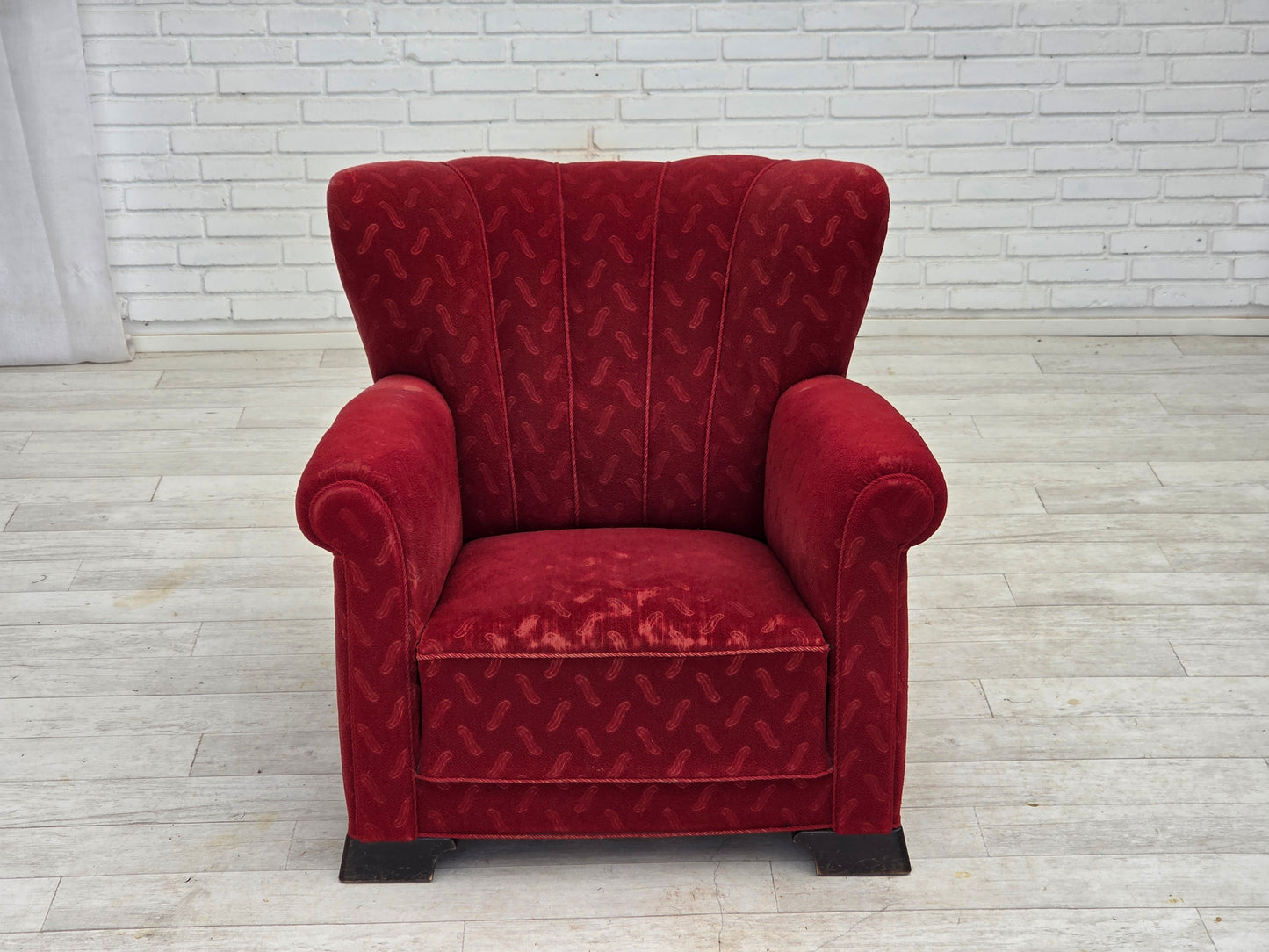 1950s, Danish relax armchair, red furniture wool, oak wood.