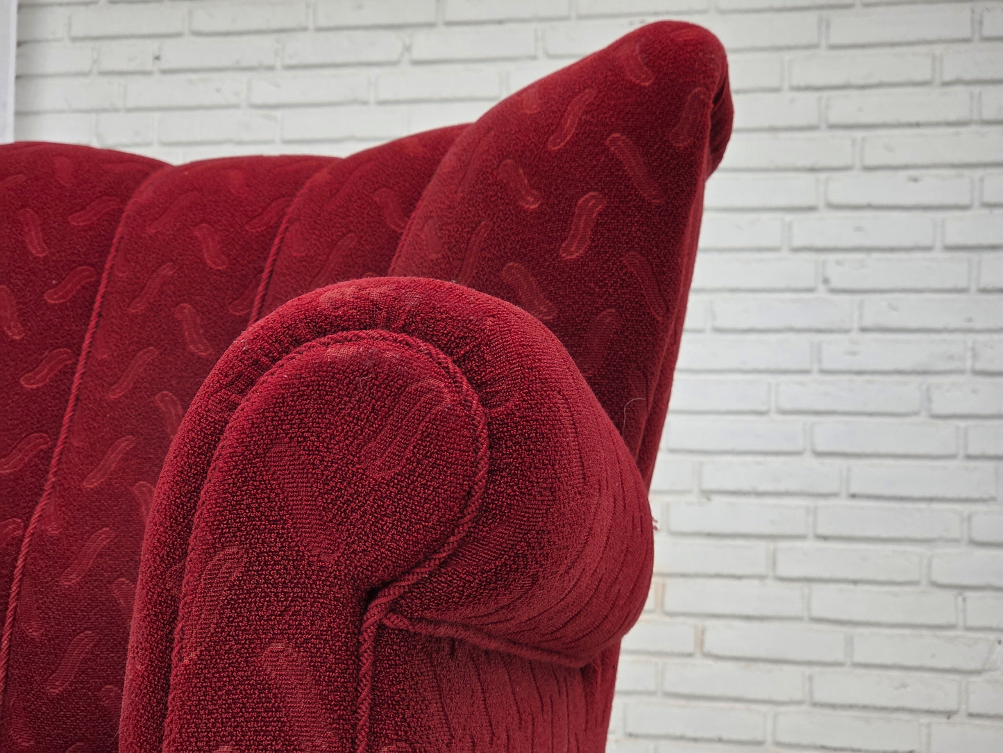 1950s, Danish relax armchair, red furniture wool, oak wood.
