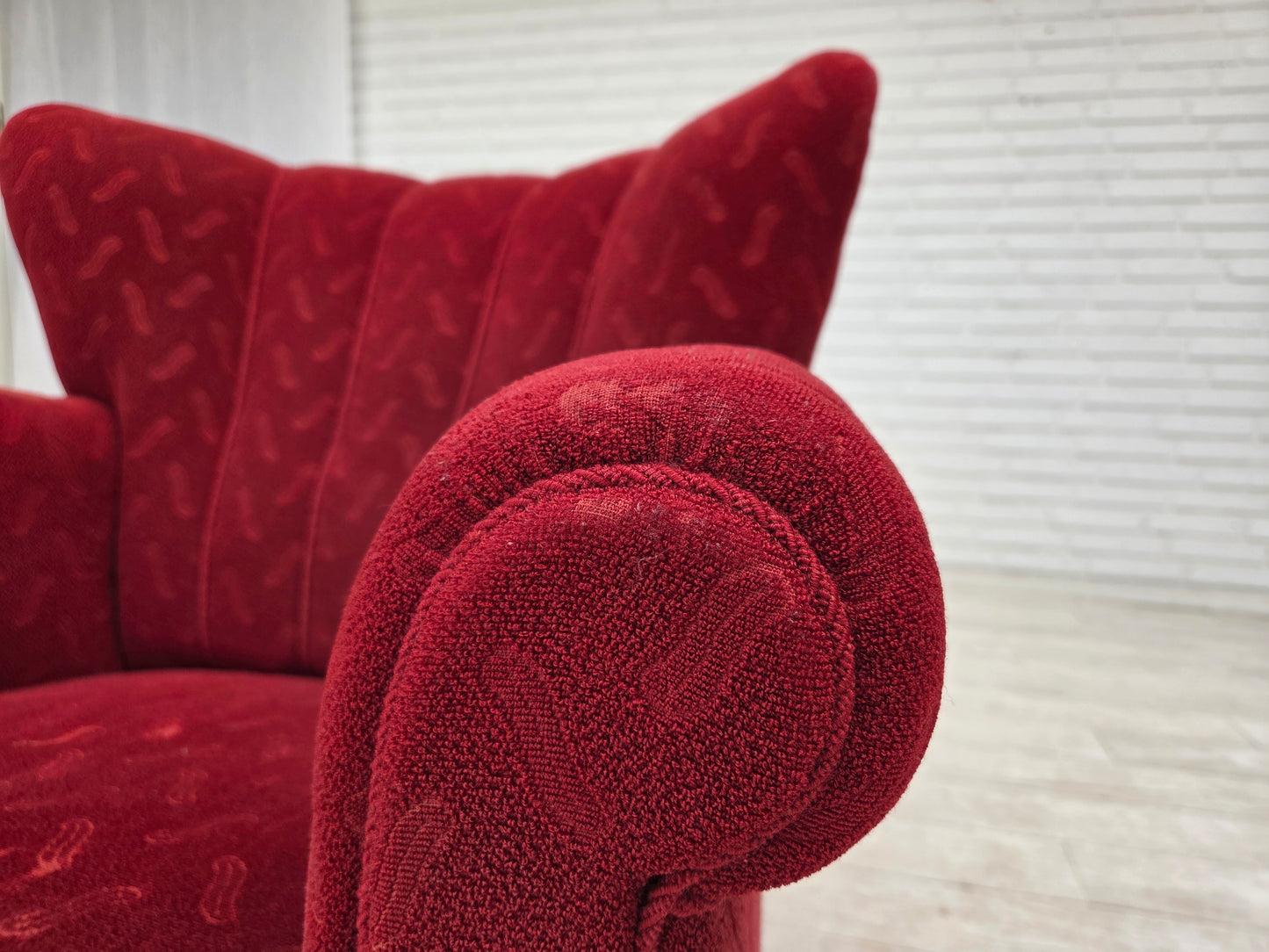 1950s, Danish relax armchair, red furniture wool, oak wood.