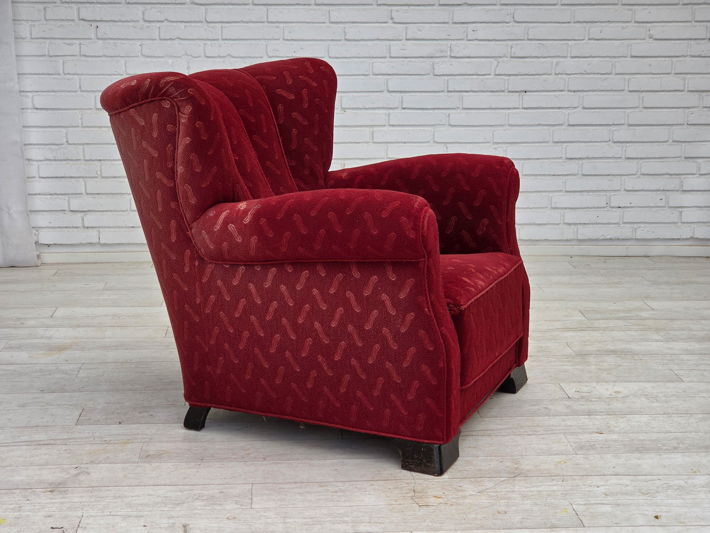 1950s, Danish relax armchair, red furniture wool, oak wood.