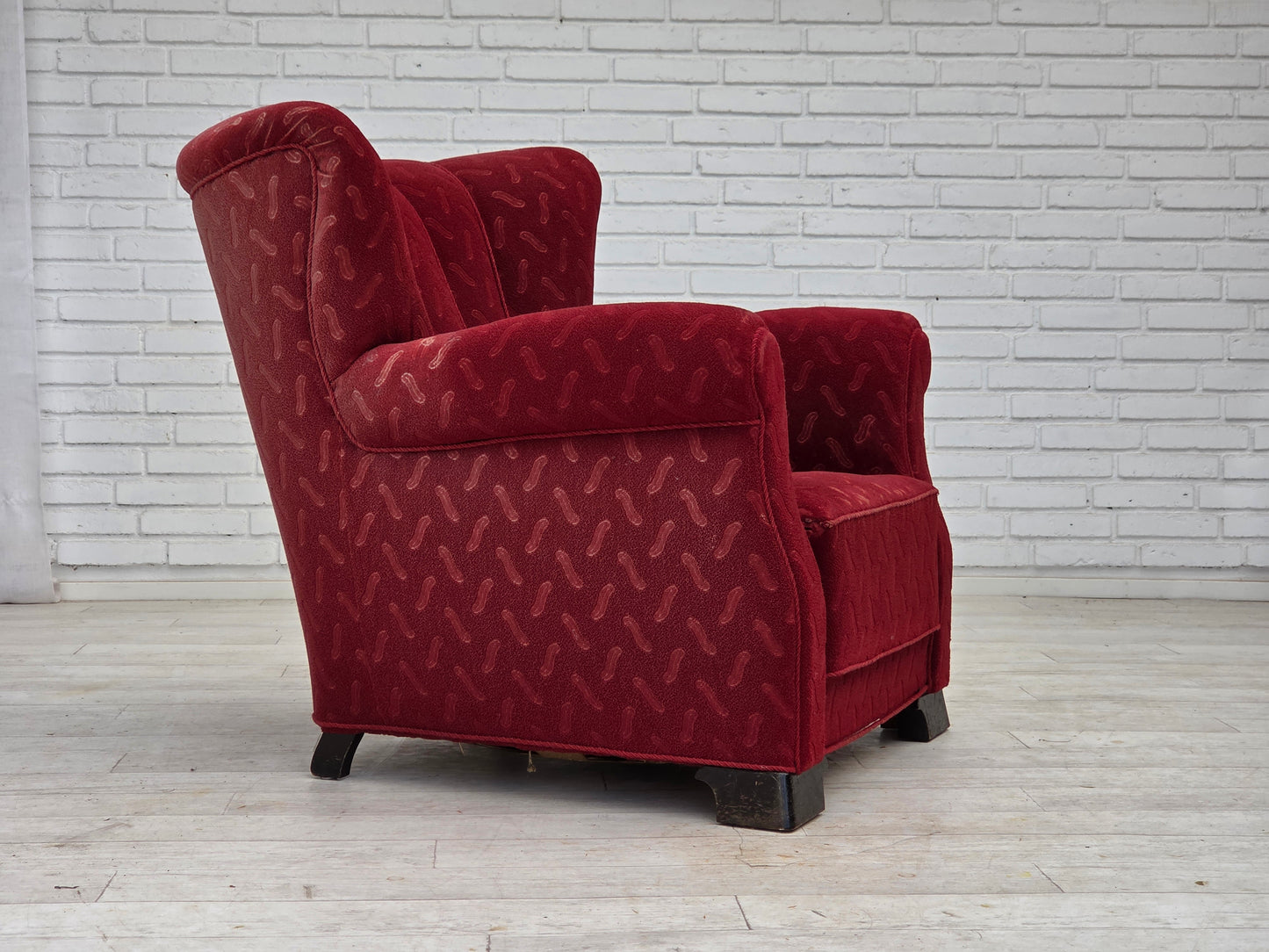 1950s, Danish relax armchair, red furniture wool, oak wood.
