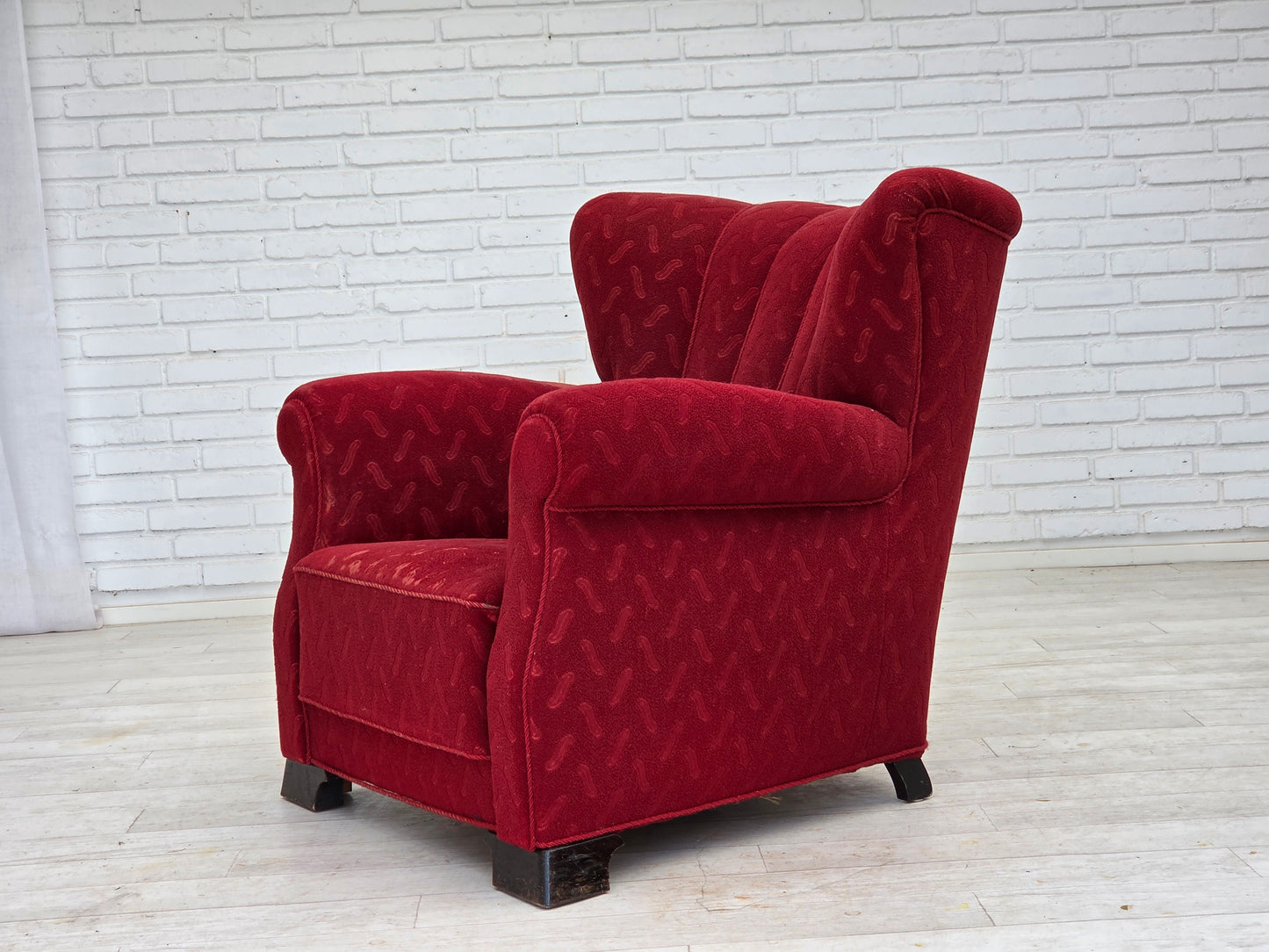1950s, Danish relax armchair, red furniture wool, oak wood.