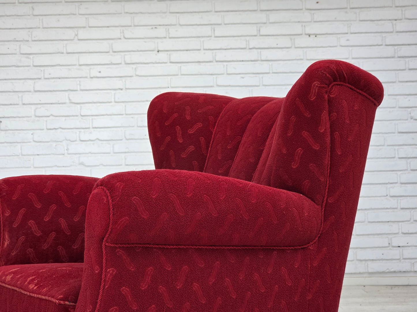 1950s, Danish relax armchair, red furniture wool, oak wood.