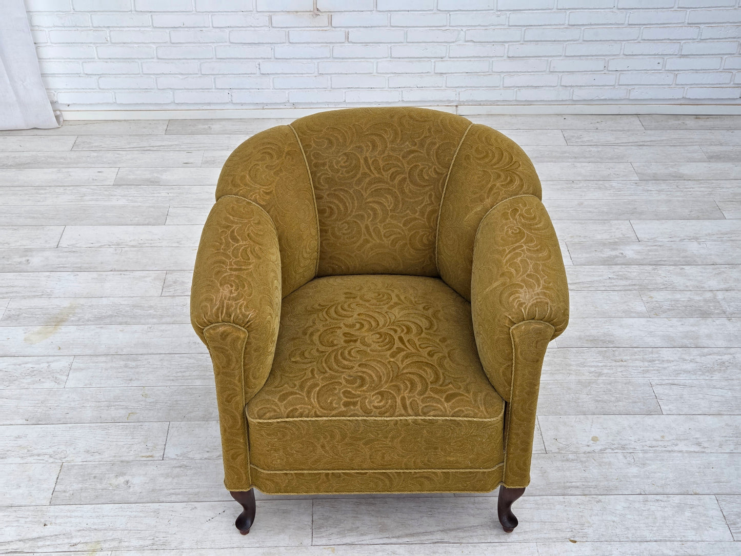 1950s, Danish relax armchair, light green furniture wool, oak wood.