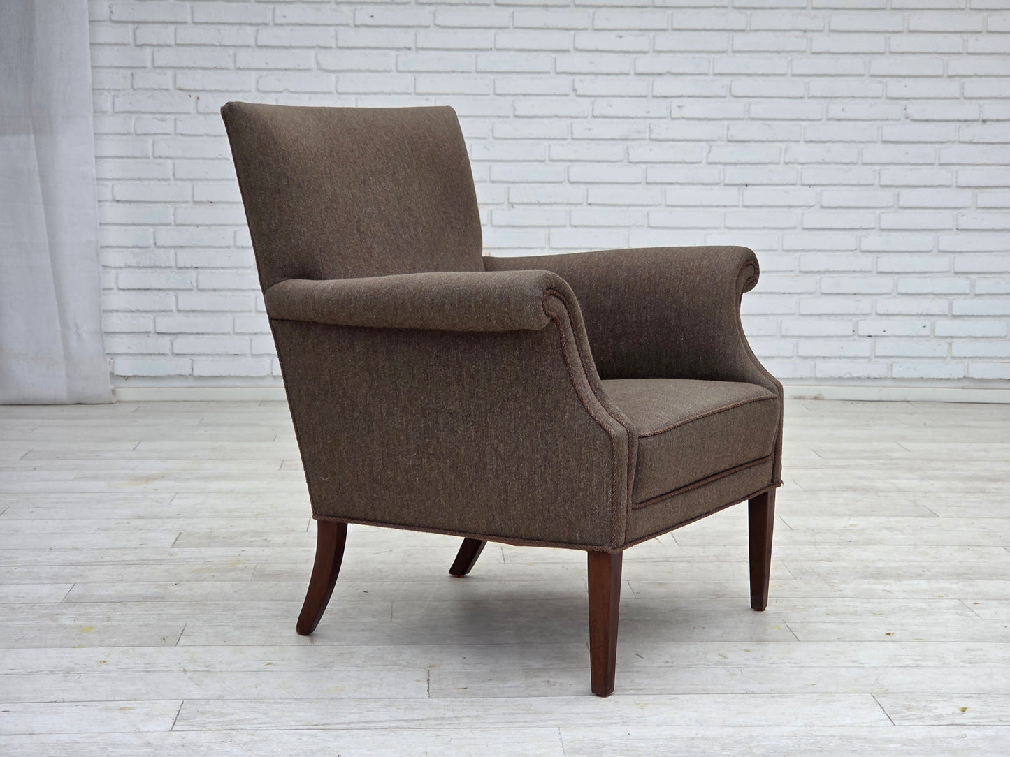 1960s, Danish armchair, furniture wool, ash wood legs.