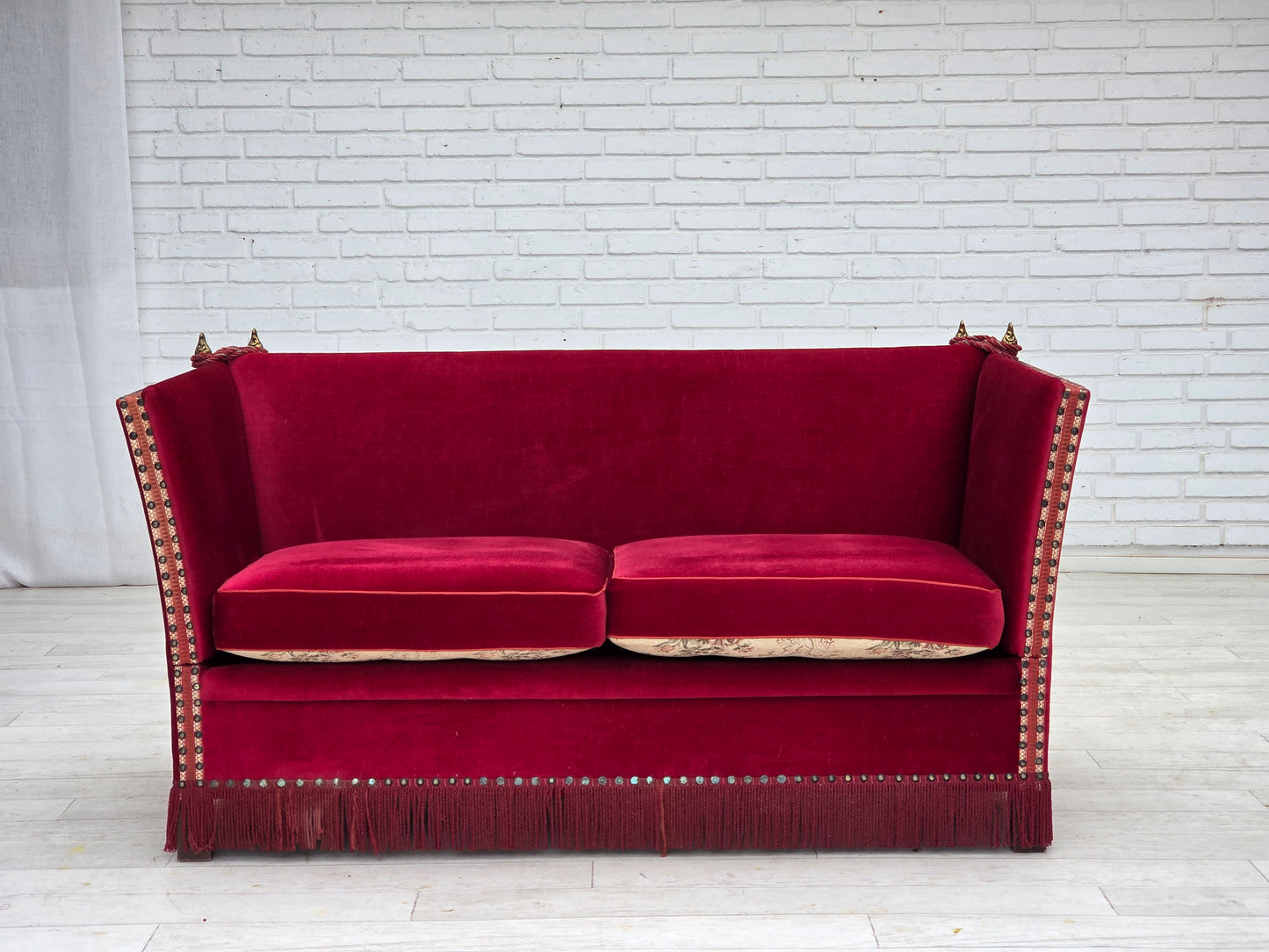1970s, Danish "Spanish" sofa, furniture velour, ash wood legs.