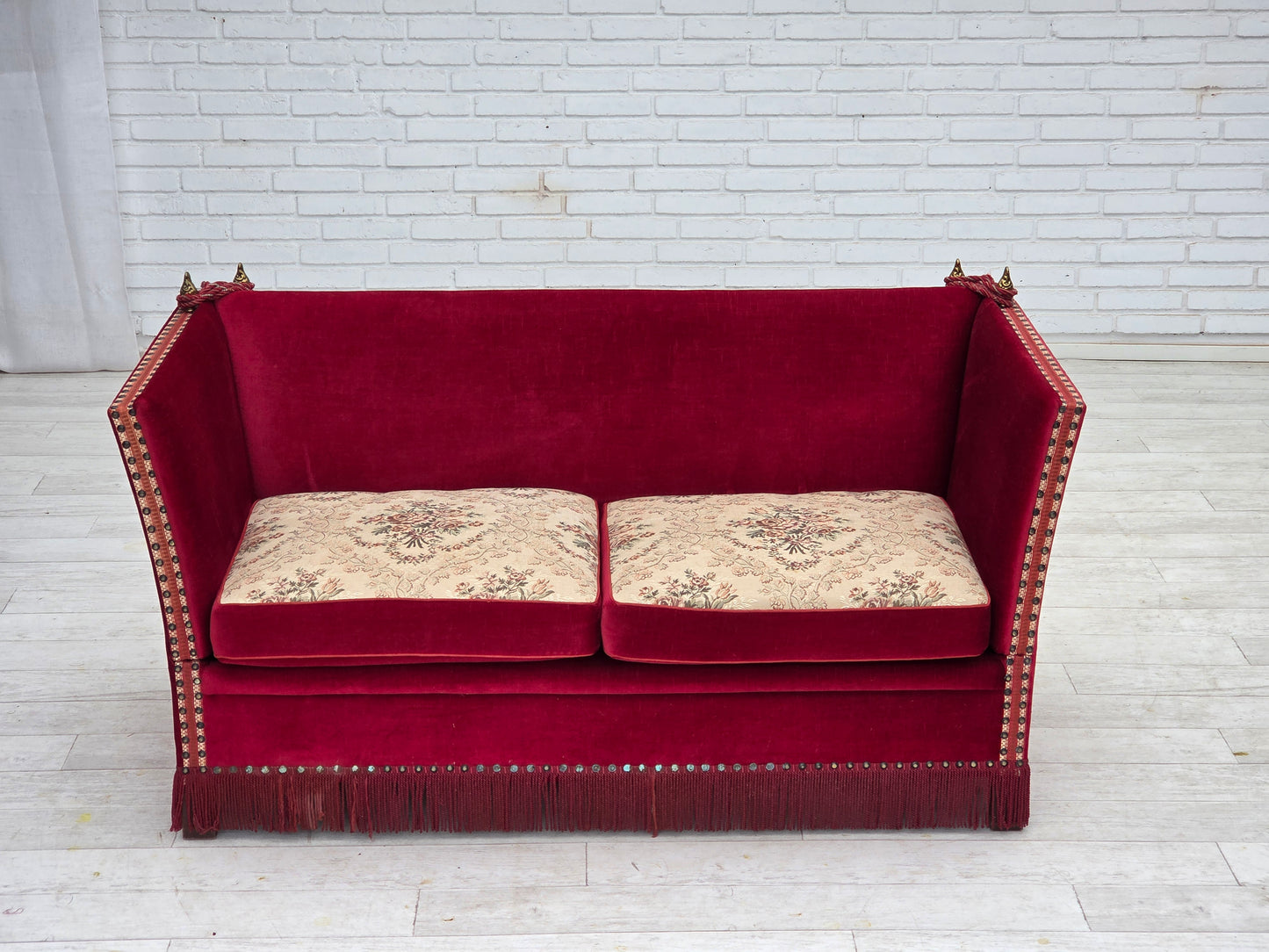 1970s, Danish "Spanish" sofa, furniture velour, ash wood legs.