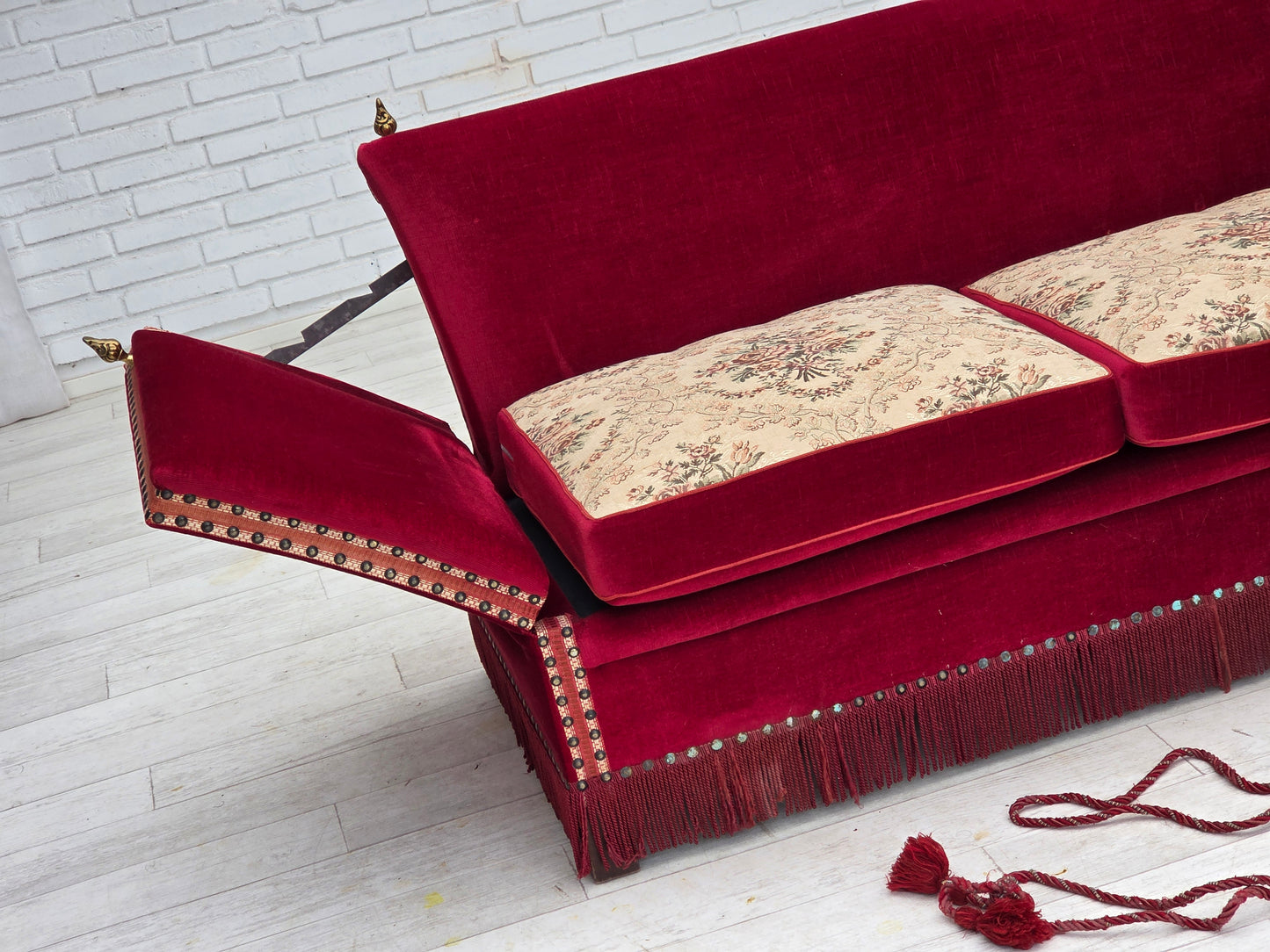1970s, Danish "Spanish" sofa, furniture velour, ash wood legs.