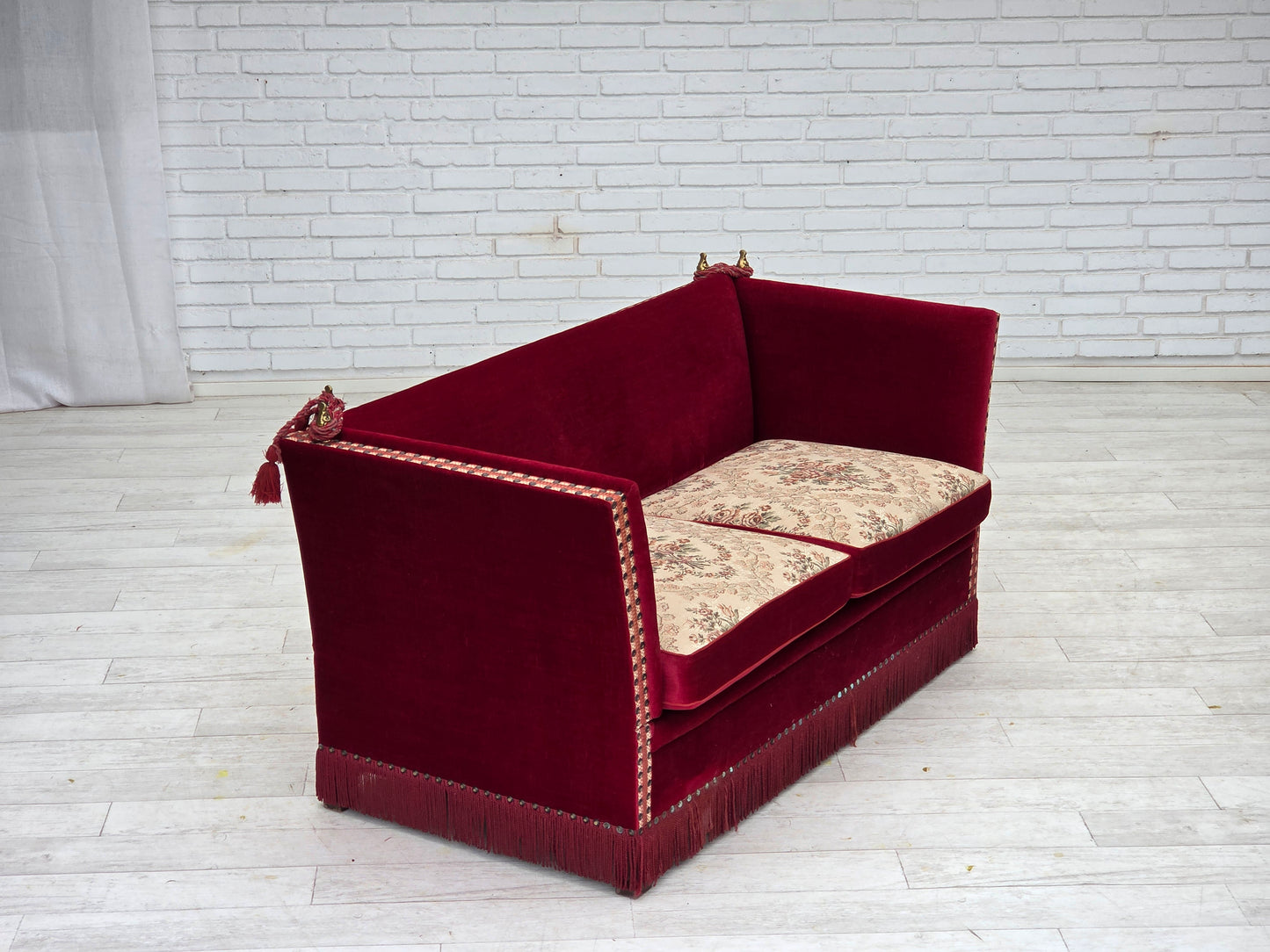1970s, Danish "Spanish" sofa, furniture velour, ash wood legs.