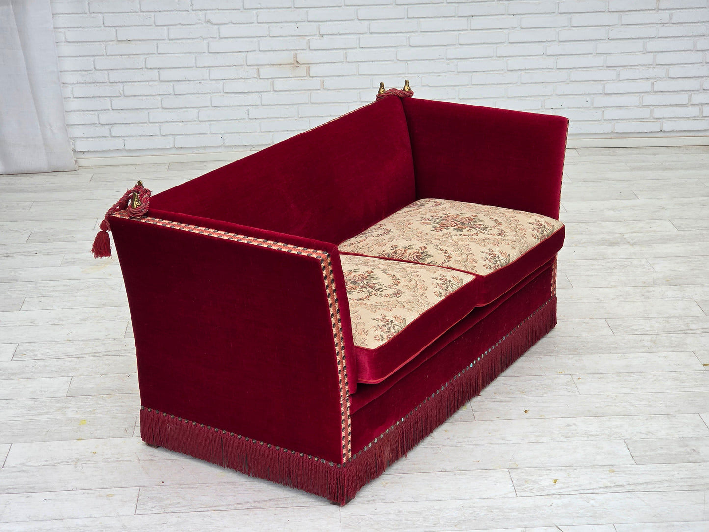 1970s, Danish "Spanish" sofa, furniture velour, ash wood legs.