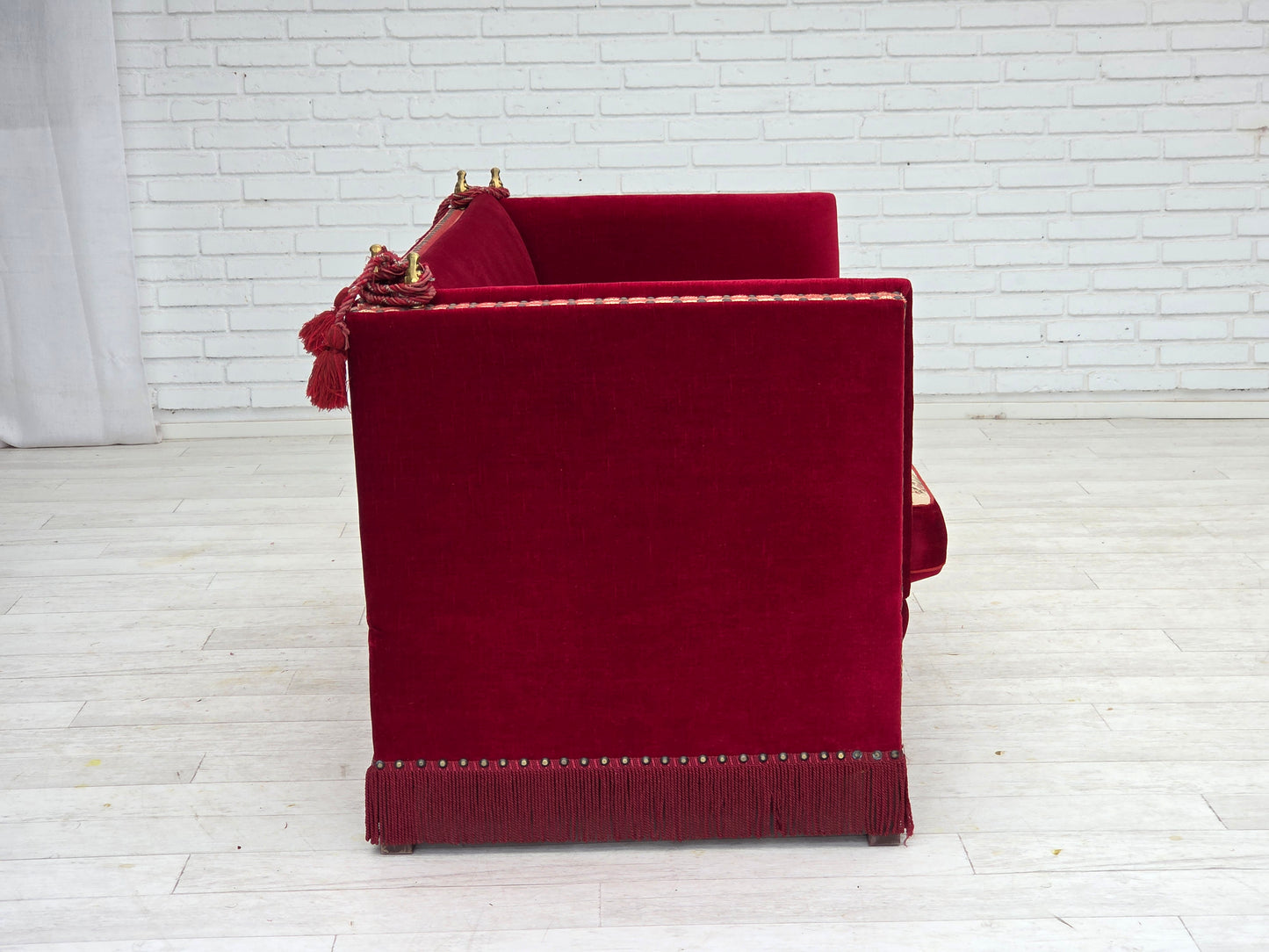 1970s, Danish "Spanish" sofa, furniture velour, ash wood legs.