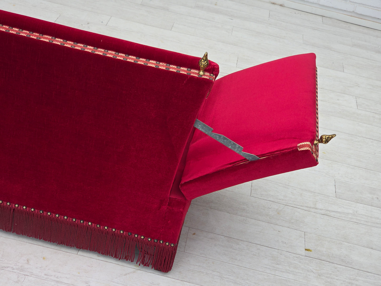 1970s, Danish "Spanish" sofa, furniture velour, ash wood legs.