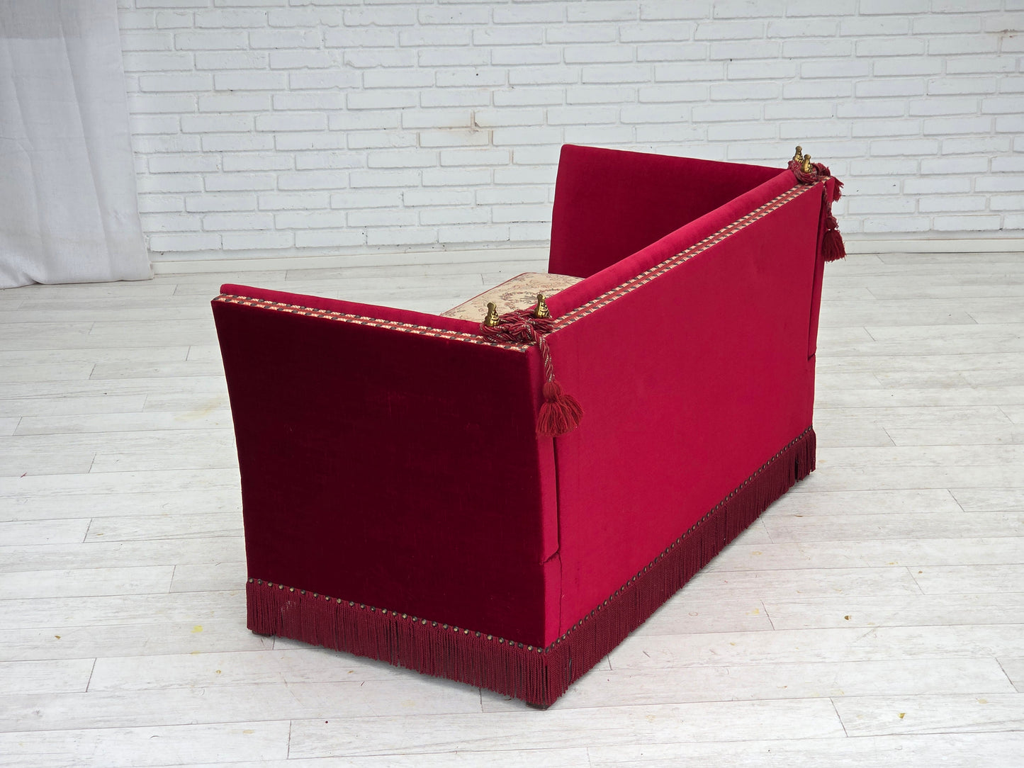 1970s, Danish "Spanish" sofa, furniture velour, ash wood legs.