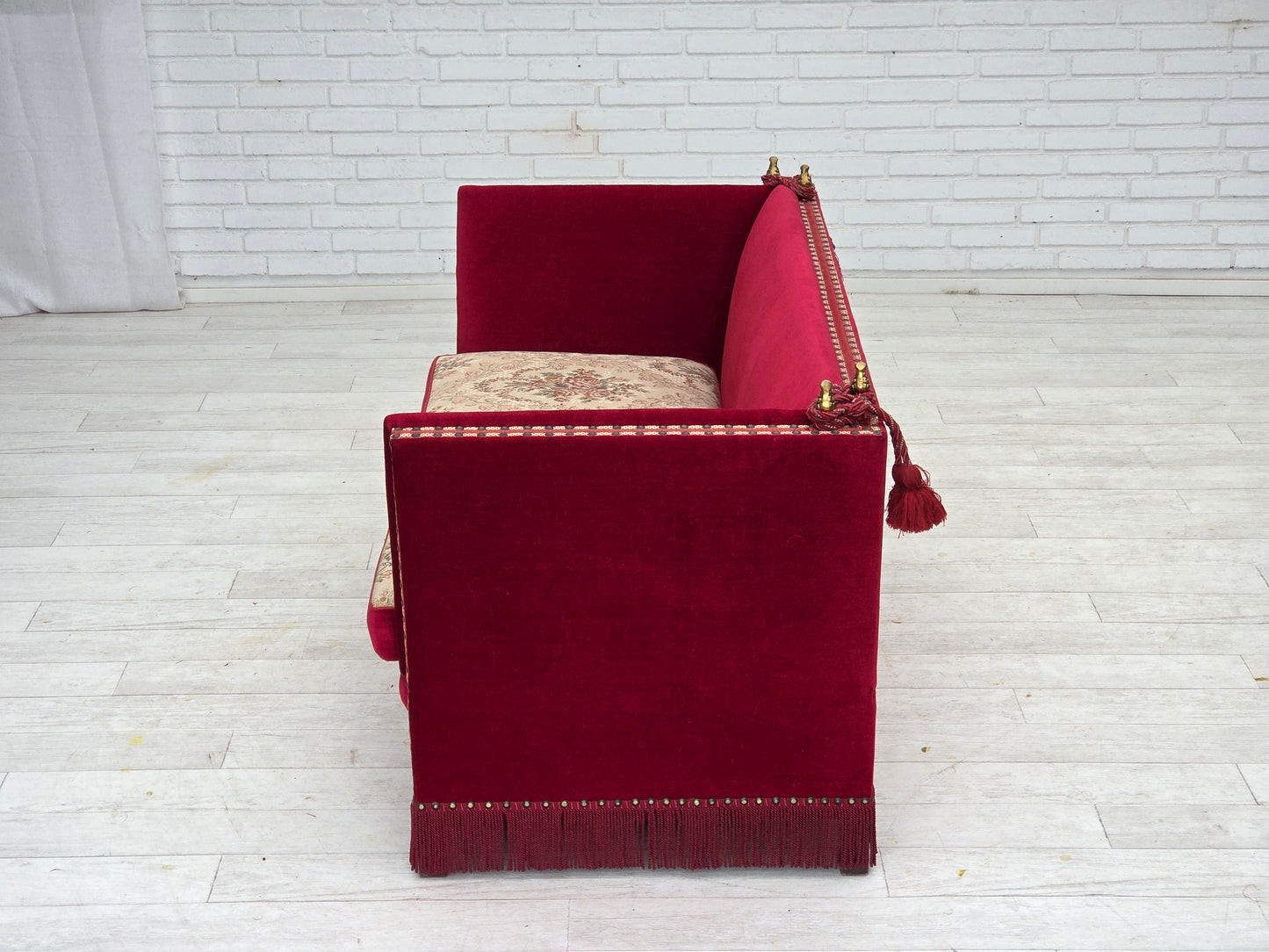 1970s, Danish "Spanish" sofa, furniture velour, ash wood legs.