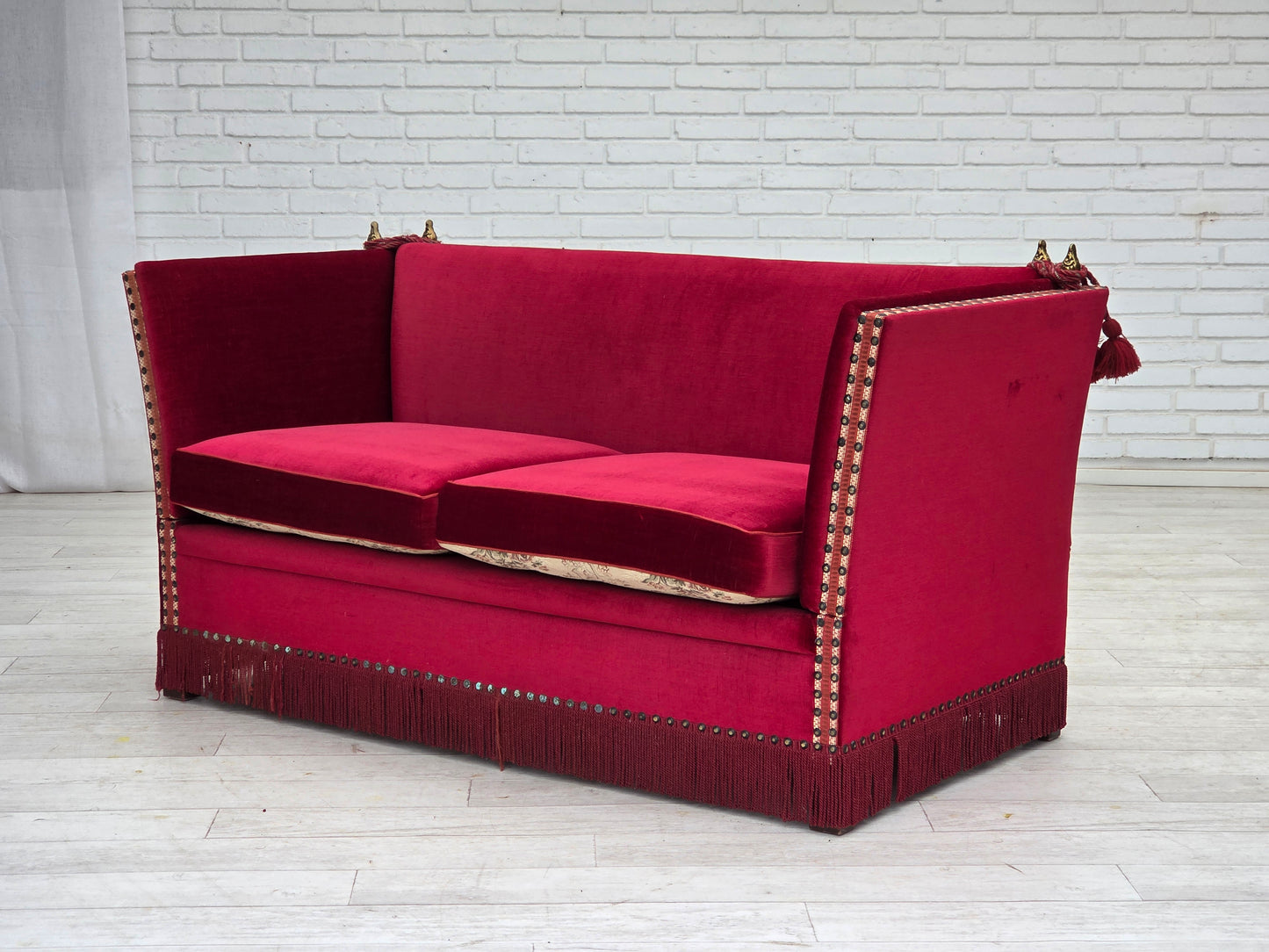 1970s, Danish "Spanish" sofa, furniture velour, ash wood legs.