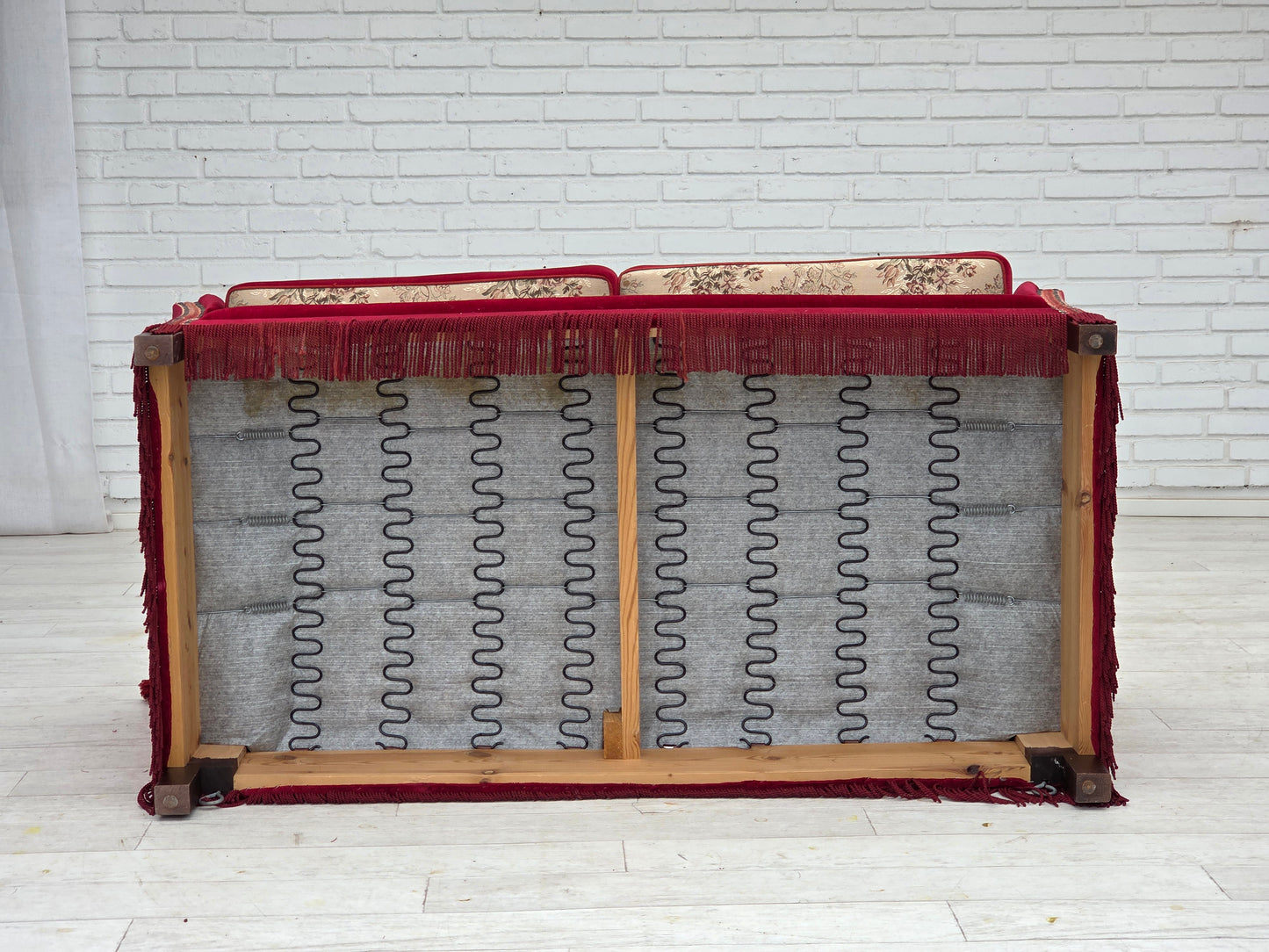 1970s, Danish "Spanish" sofa, furniture velour, ash wood legs.