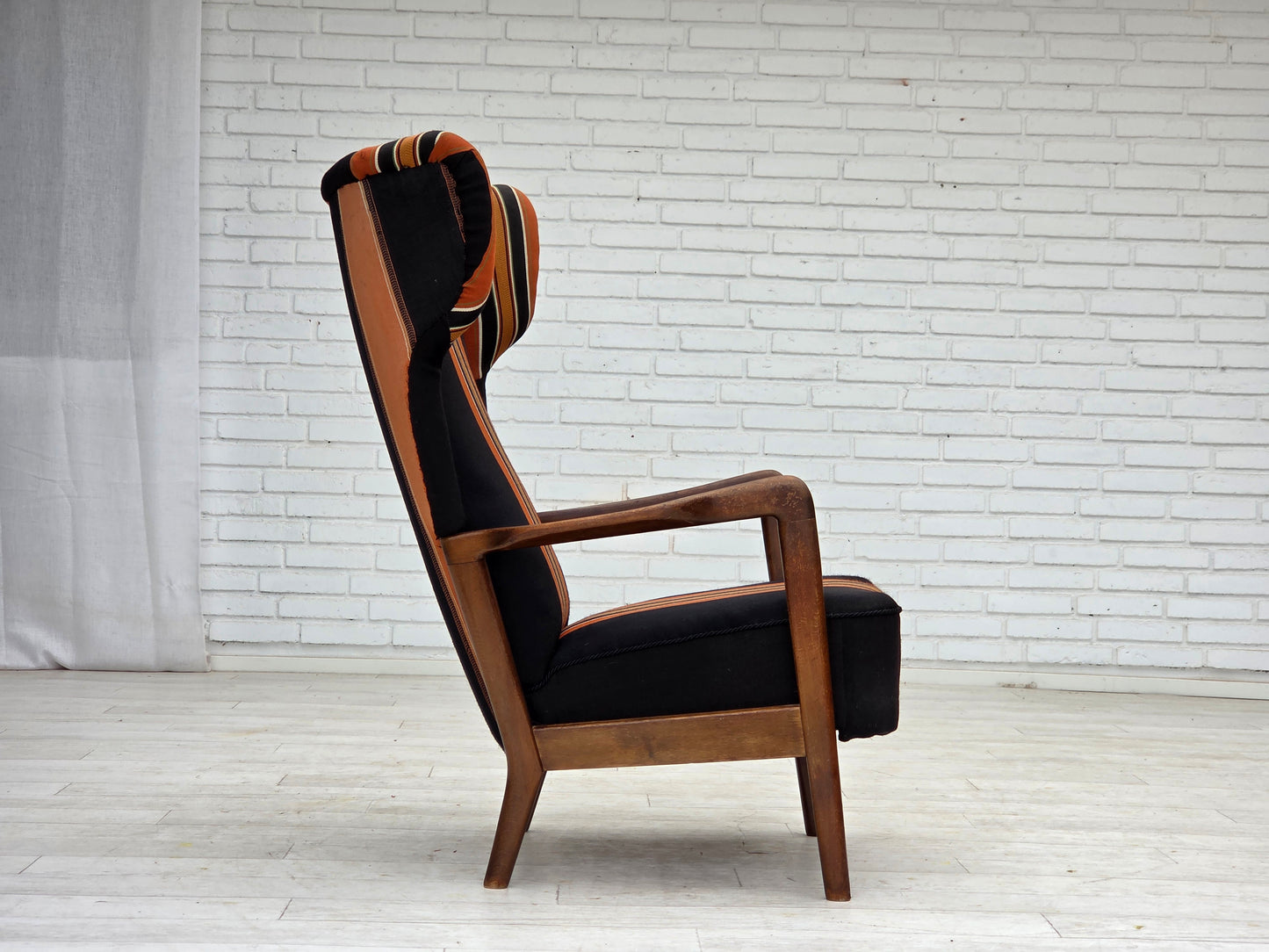 1960s, Danish highback armchair by Fritz Hansen, furniture wool, beech wood.