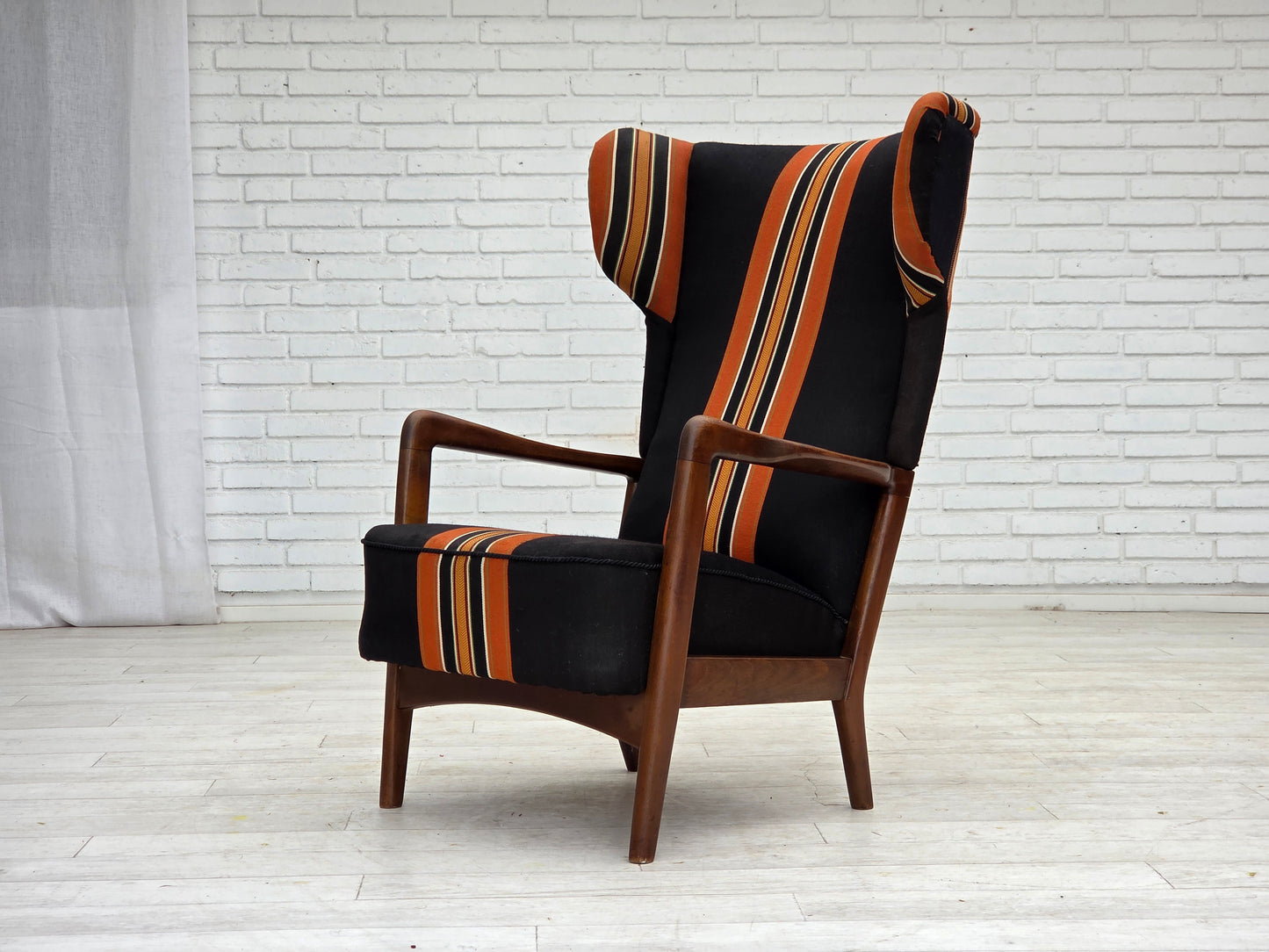 1960s, Danish highback armchair by Fritz Hansen, furniture wool, beech wood.