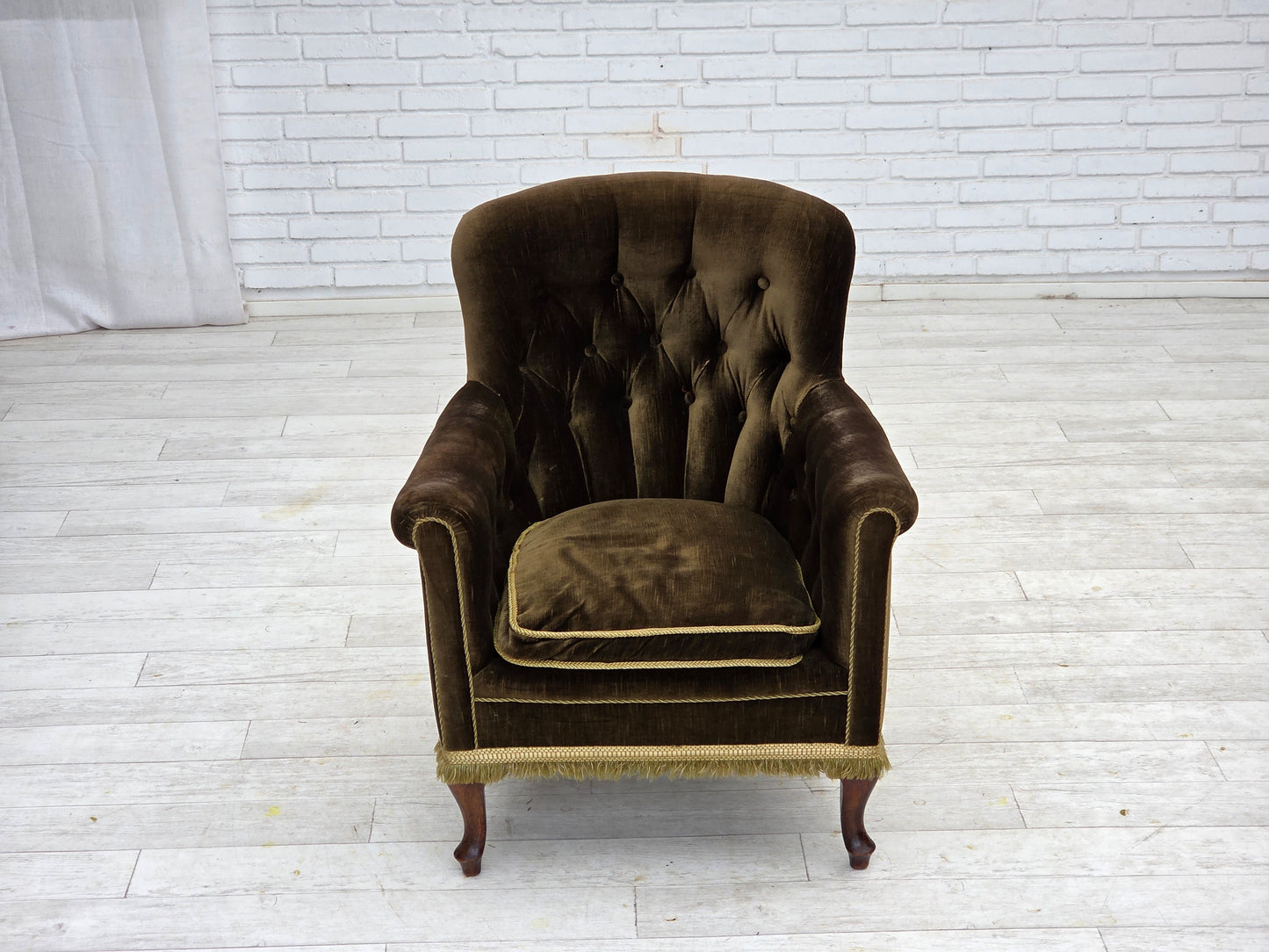 1950s, Scandinavian armchair, green furniture velour, ash wood.