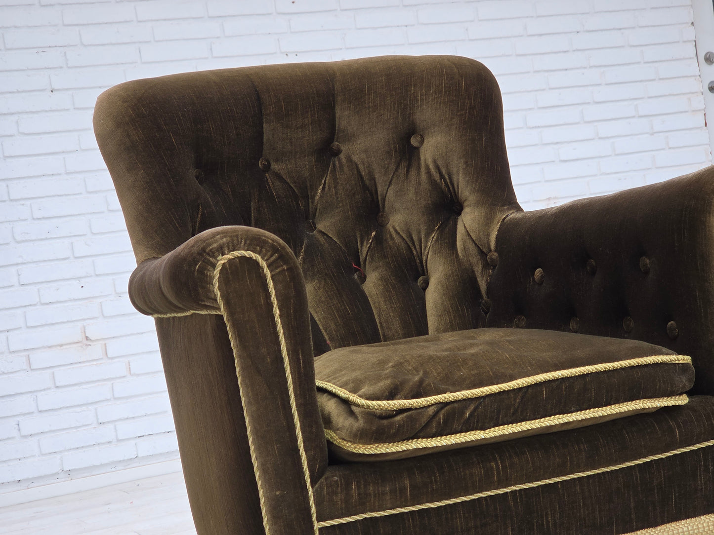 1950s, Scandinavian armchair, green furniture velour, ash wood.