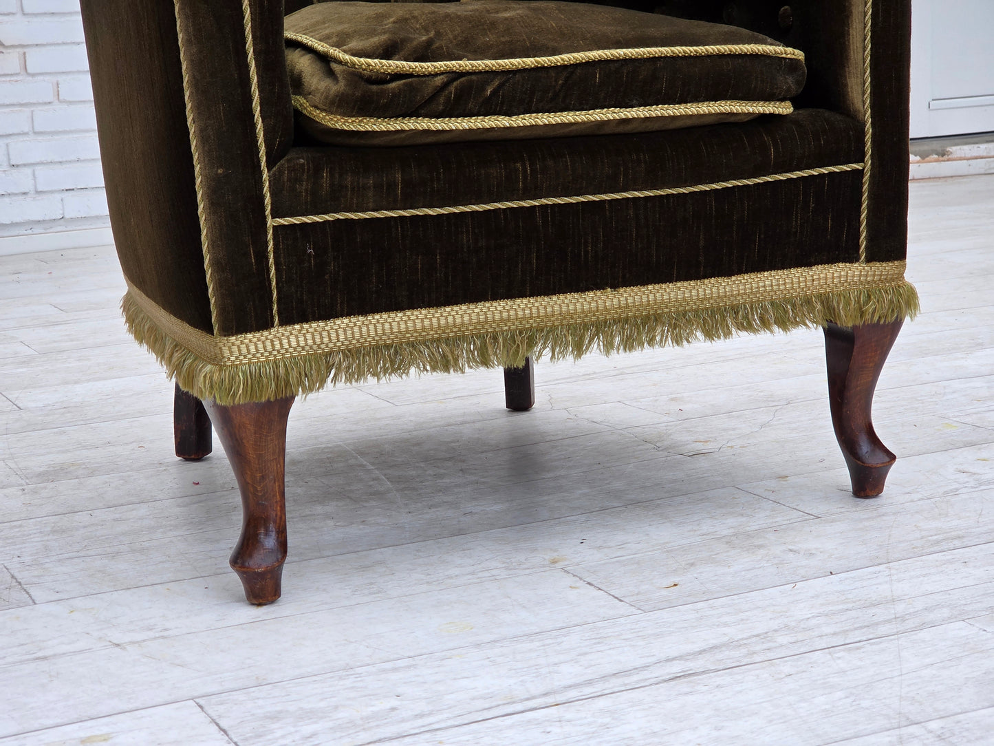 1950s, Scandinavian armchair, green furniture velour, ash wood.