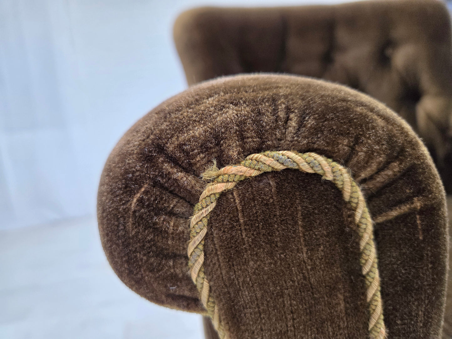 1950s, Scandinavian armchair, green furniture velour, ash wood.