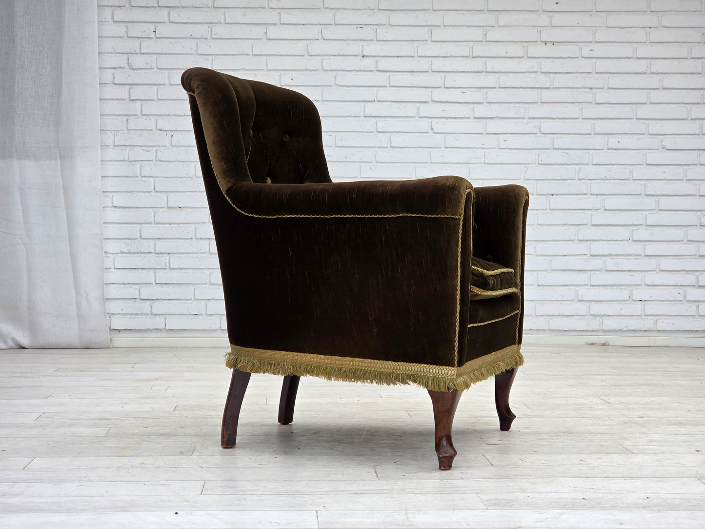 1950s, Scandinavian armchair, green furniture velour, ash wood.