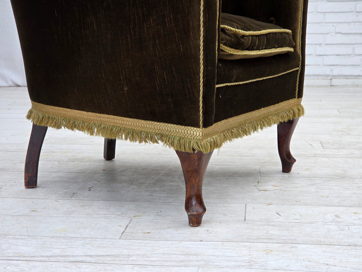 1950s, Scandinavian armchair, green furniture velour, ash wood.