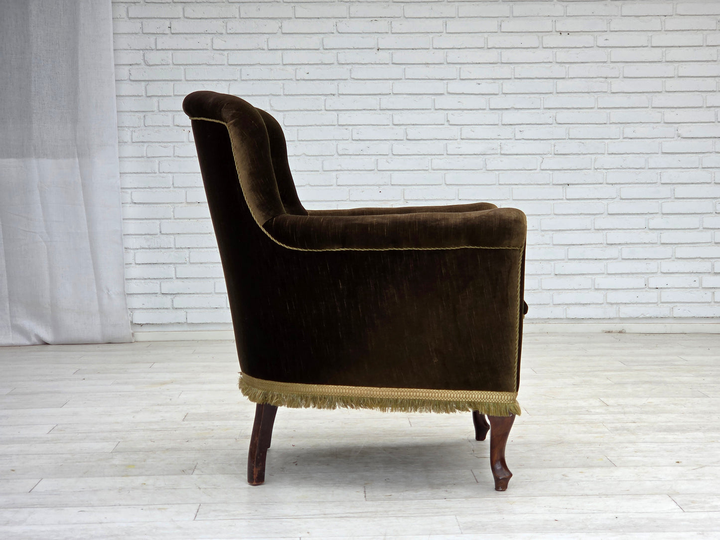 1950s, Scandinavian armchair, green furniture velour, ash wood.