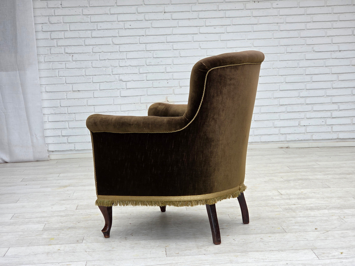 1950s, Scandinavian armchair, green furniture velour, ash wood.