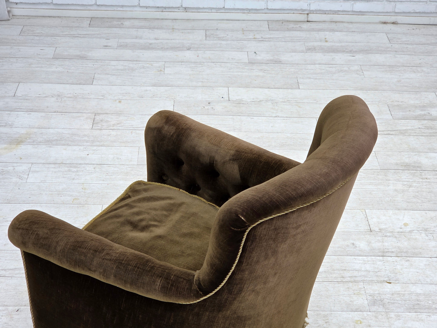 1950s, Scandinavian armchair, green furniture velour, ash wood.