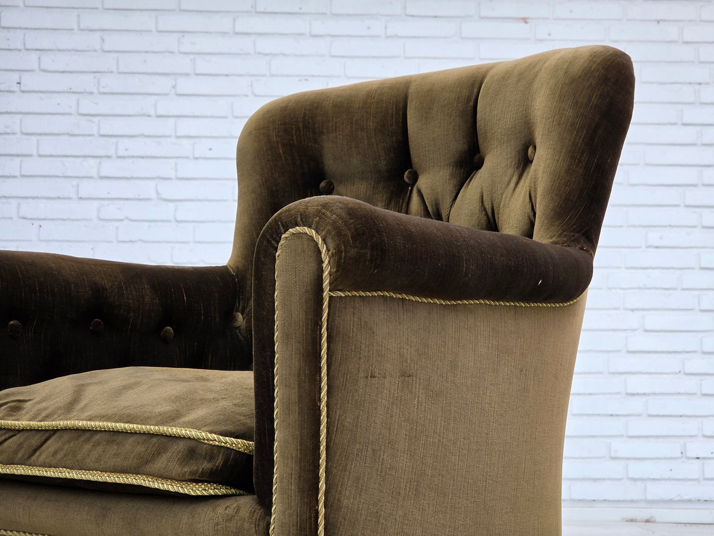 1950s, Scandinavian armchair, green furniture velour, ash wood.