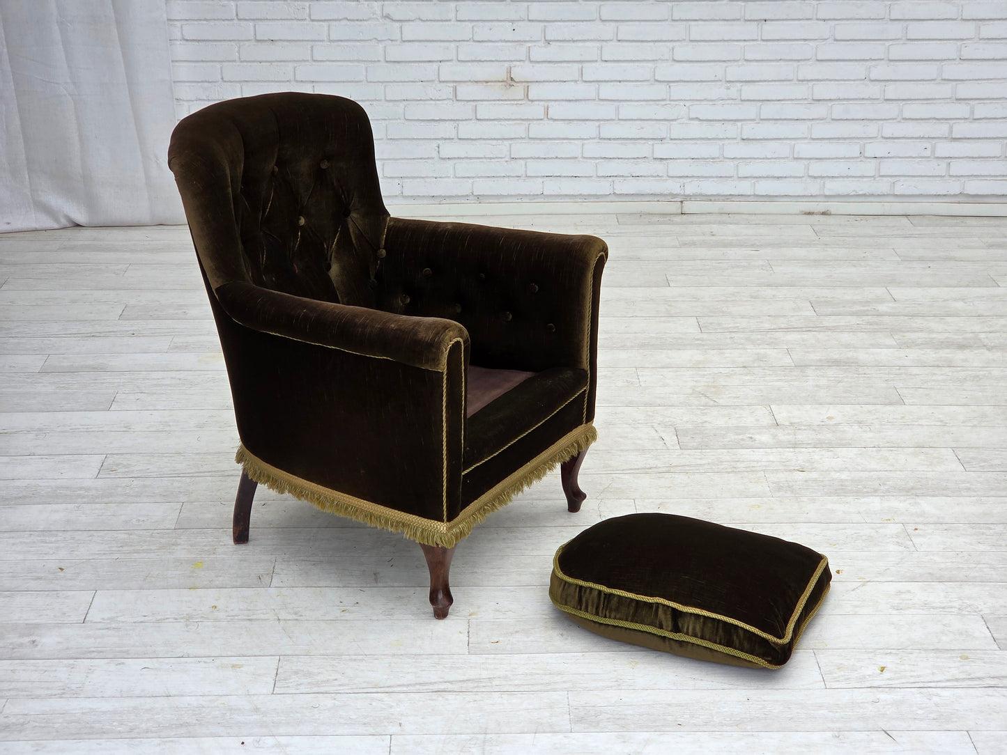 1950s, Scandinavian armchair, green furniture velour, ash wood.