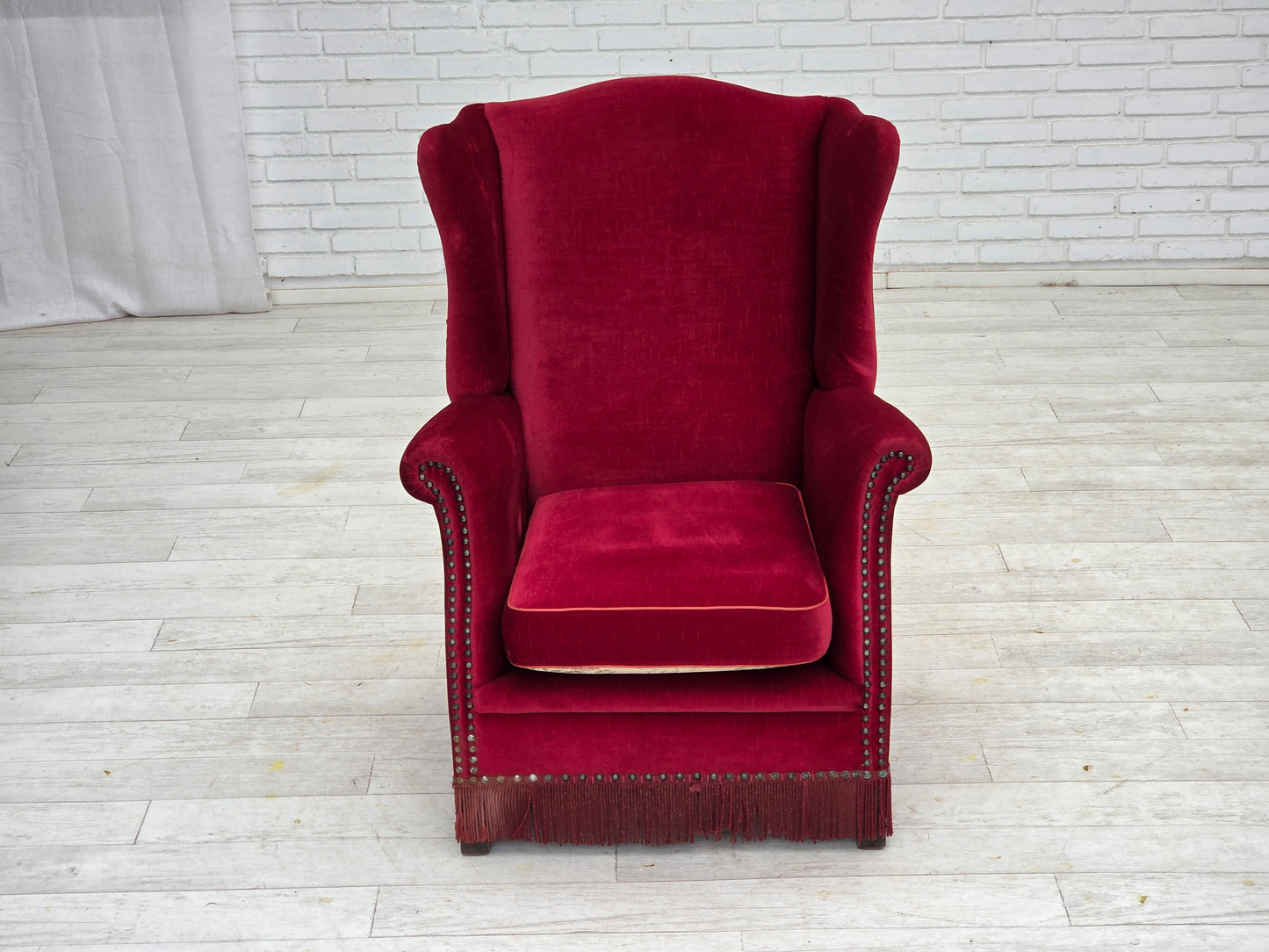 1970s, Danish highback armchair, red furniture velour, ash wood.