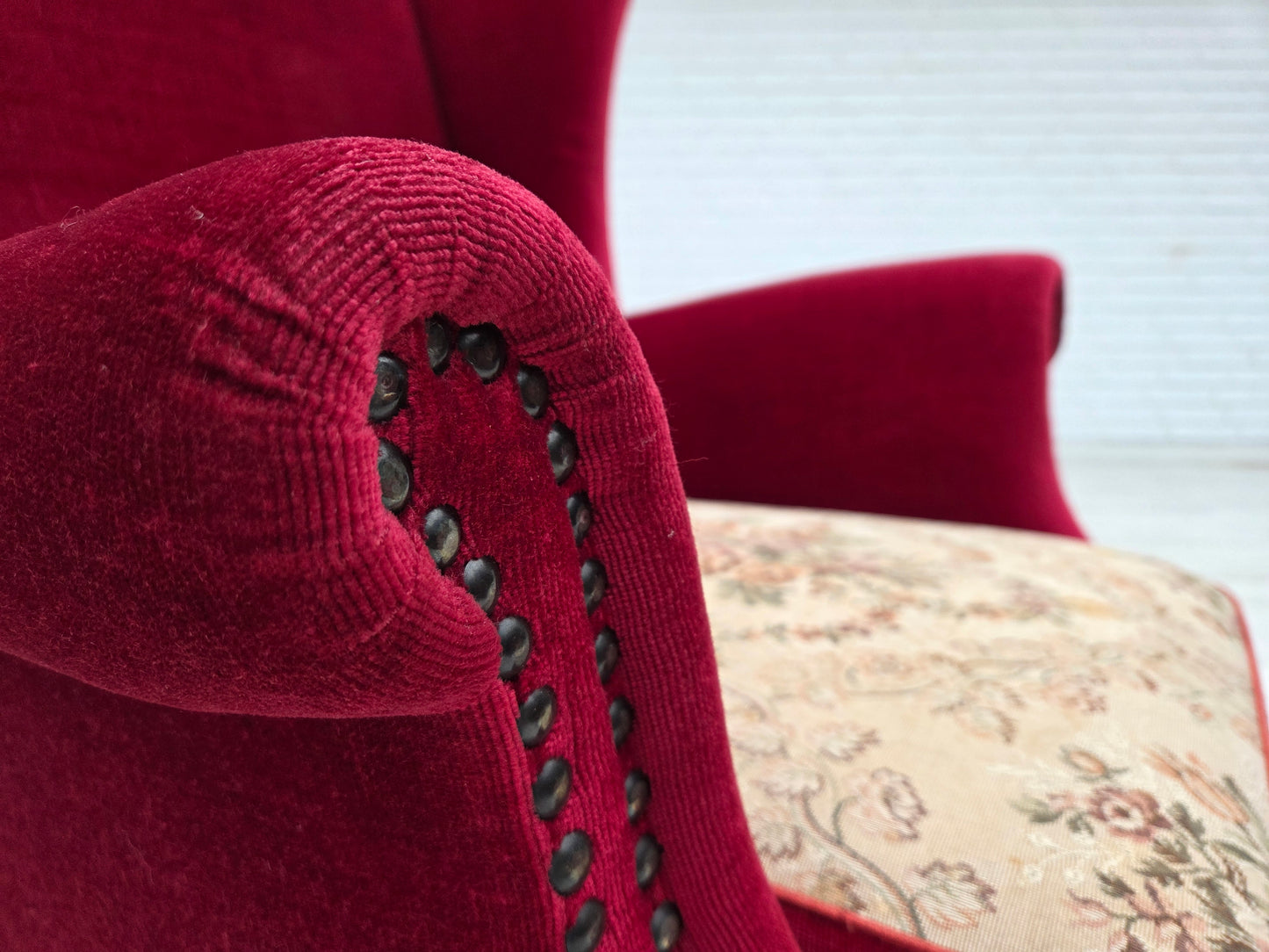1970s, Danish highback armchair, red furniture velour, ash wood.