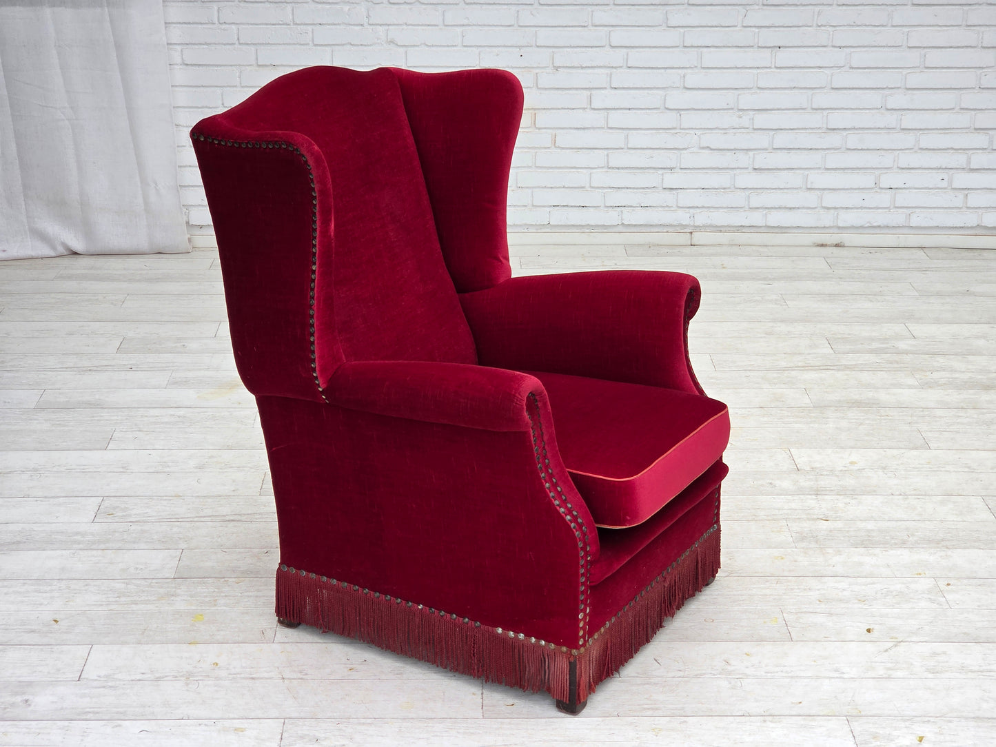1970s, Danish highback armchair, red furniture velour, ash wood.