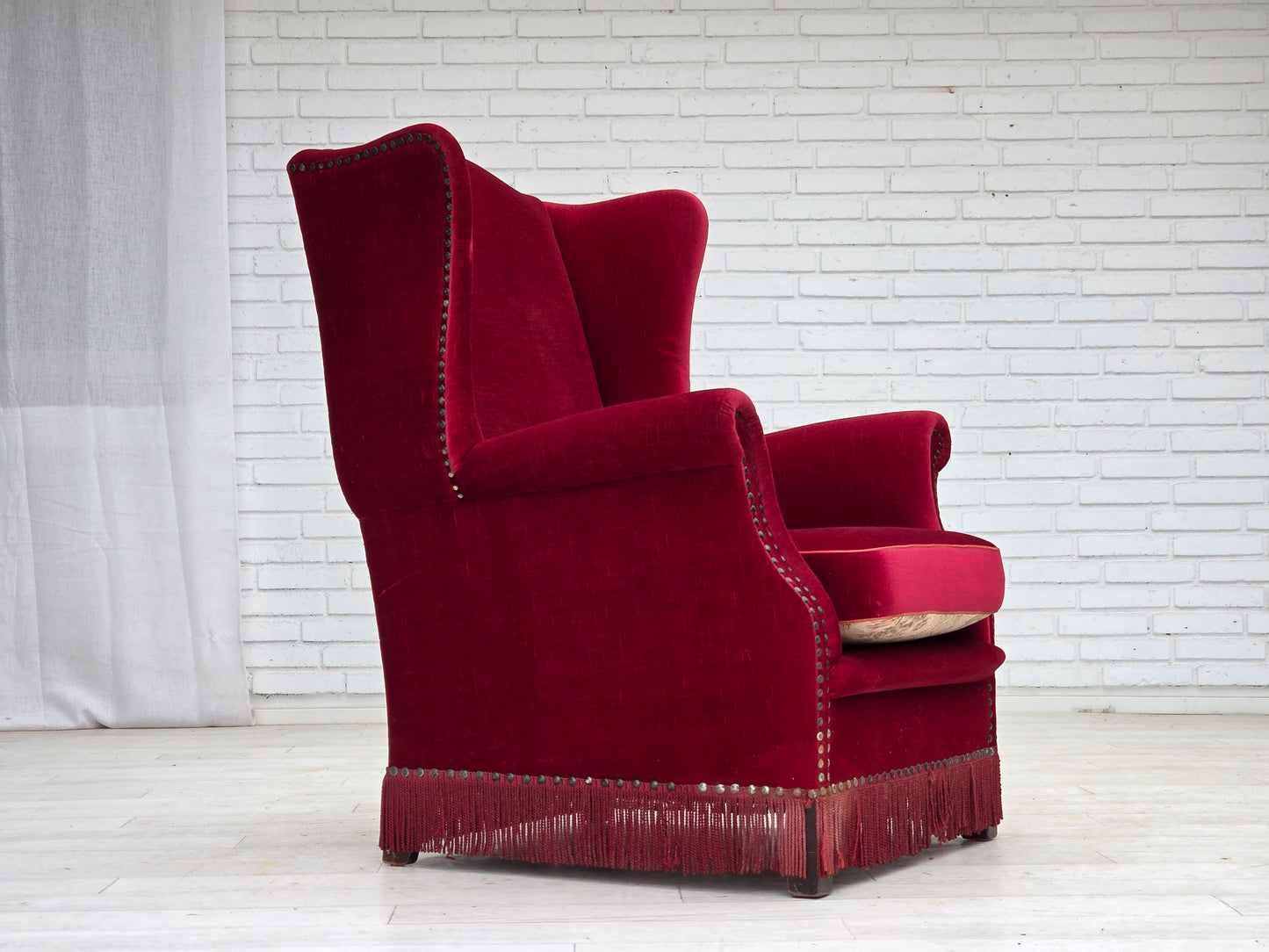 1970s, Danish highback armchair, red furniture velour, ash wood.
