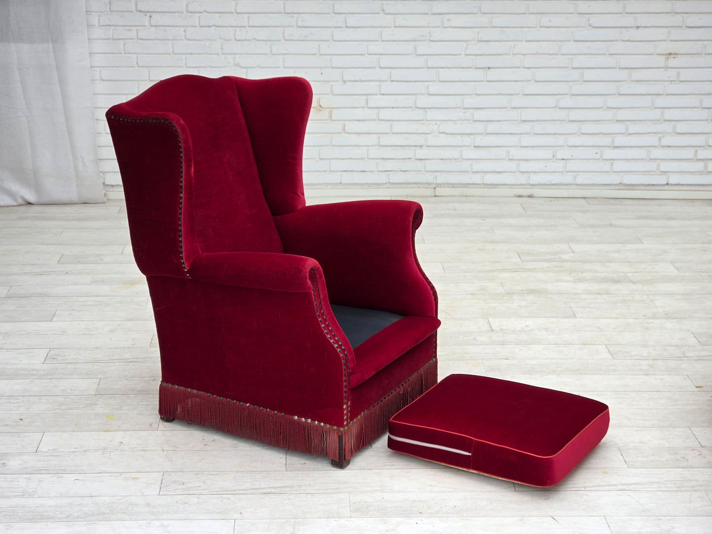 1970s, Danish highback armchair, red furniture velour, ash wood.
