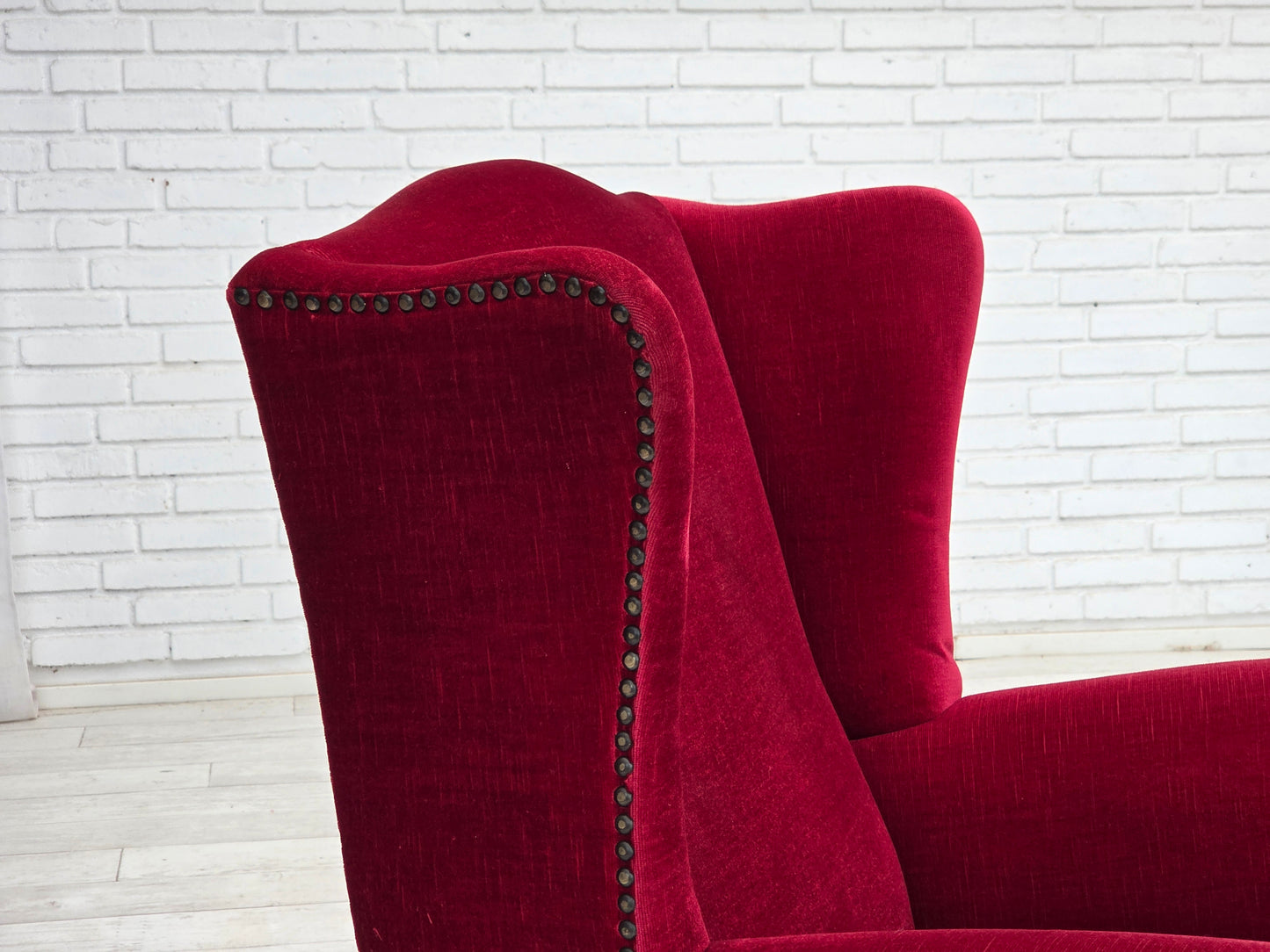 1970s, Danish highback armchair, red furniture velour, ash wood.