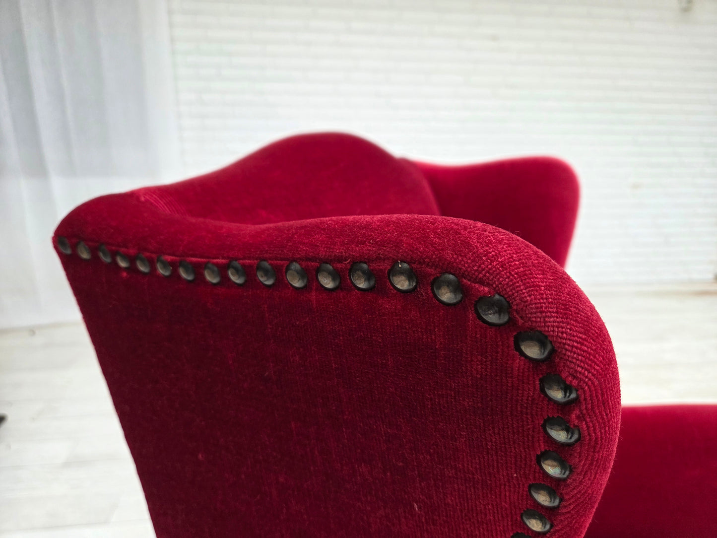 1970s, Danish highback armchair, red furniture velour, ash wood.