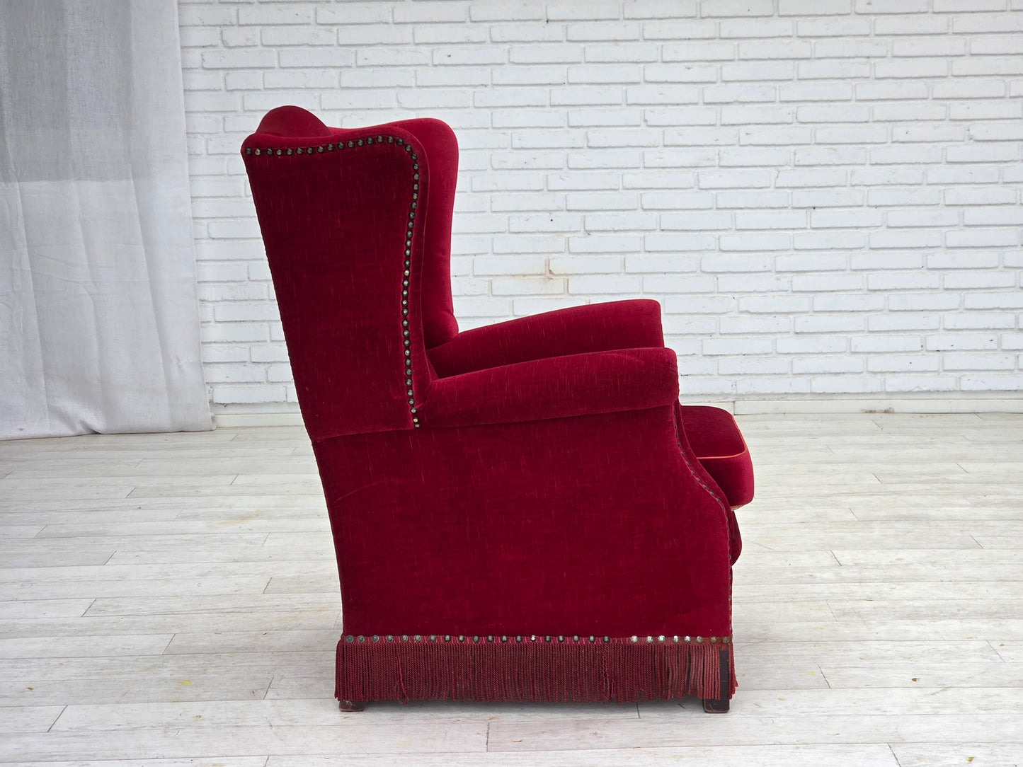 1970s, Danish highback armchair, red furniture velour, ash wood.