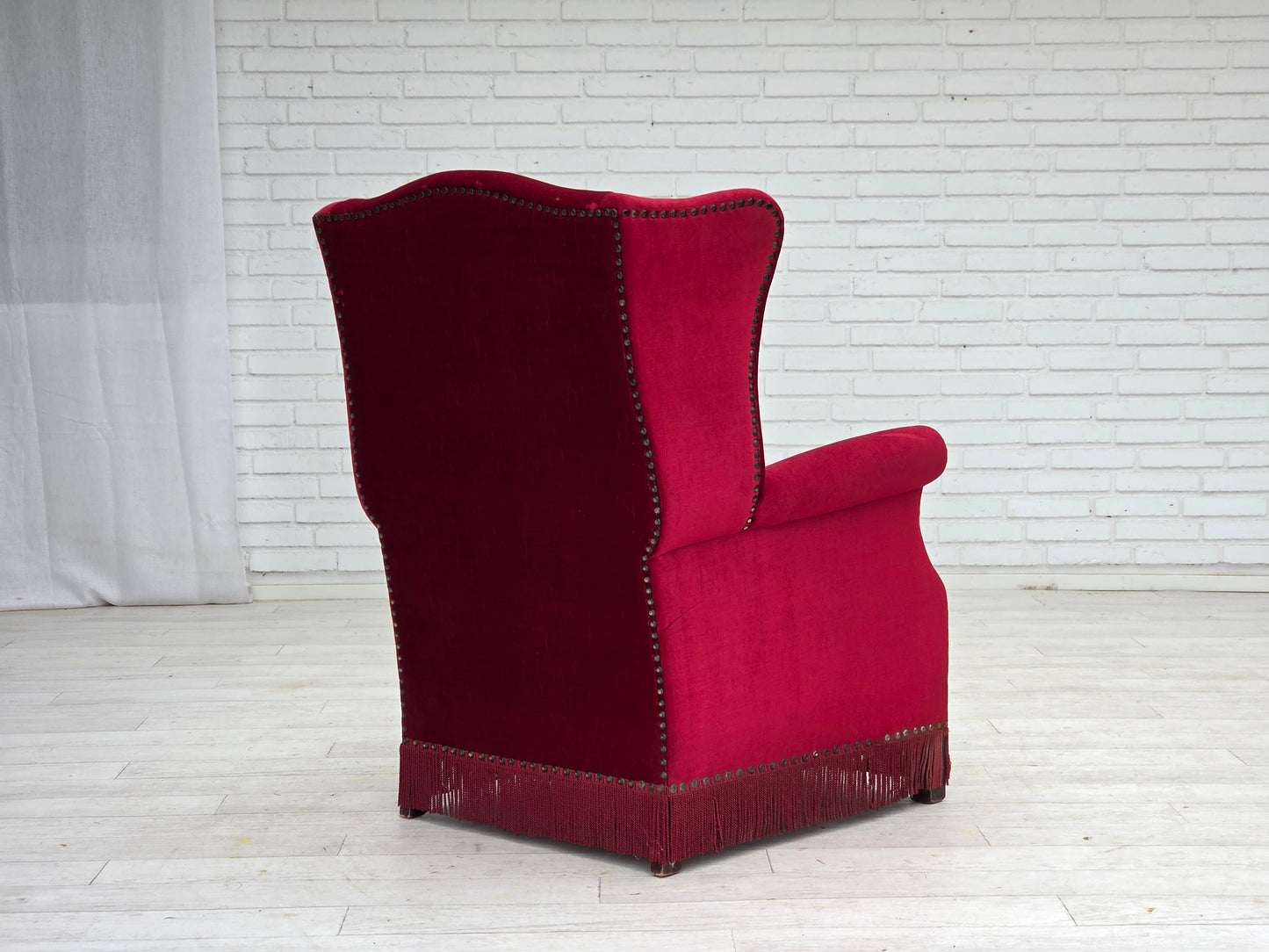 1970s, Danish highback armchair, red furniture velour, ash wood.